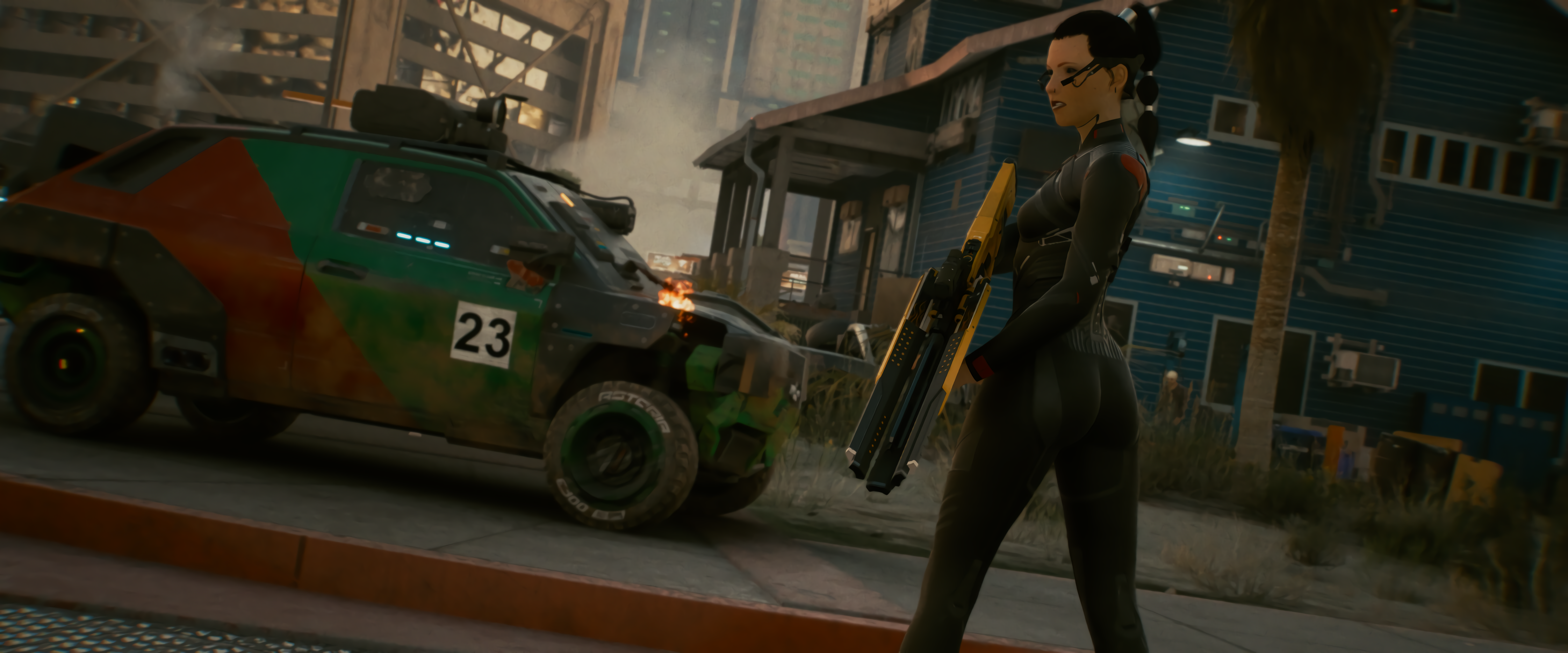 Cyberpunk 2077 Cyberpunk Weapon Car Vehicle Screen Shot Girls With Guns Video Games PC Gaming Video  4486x1868