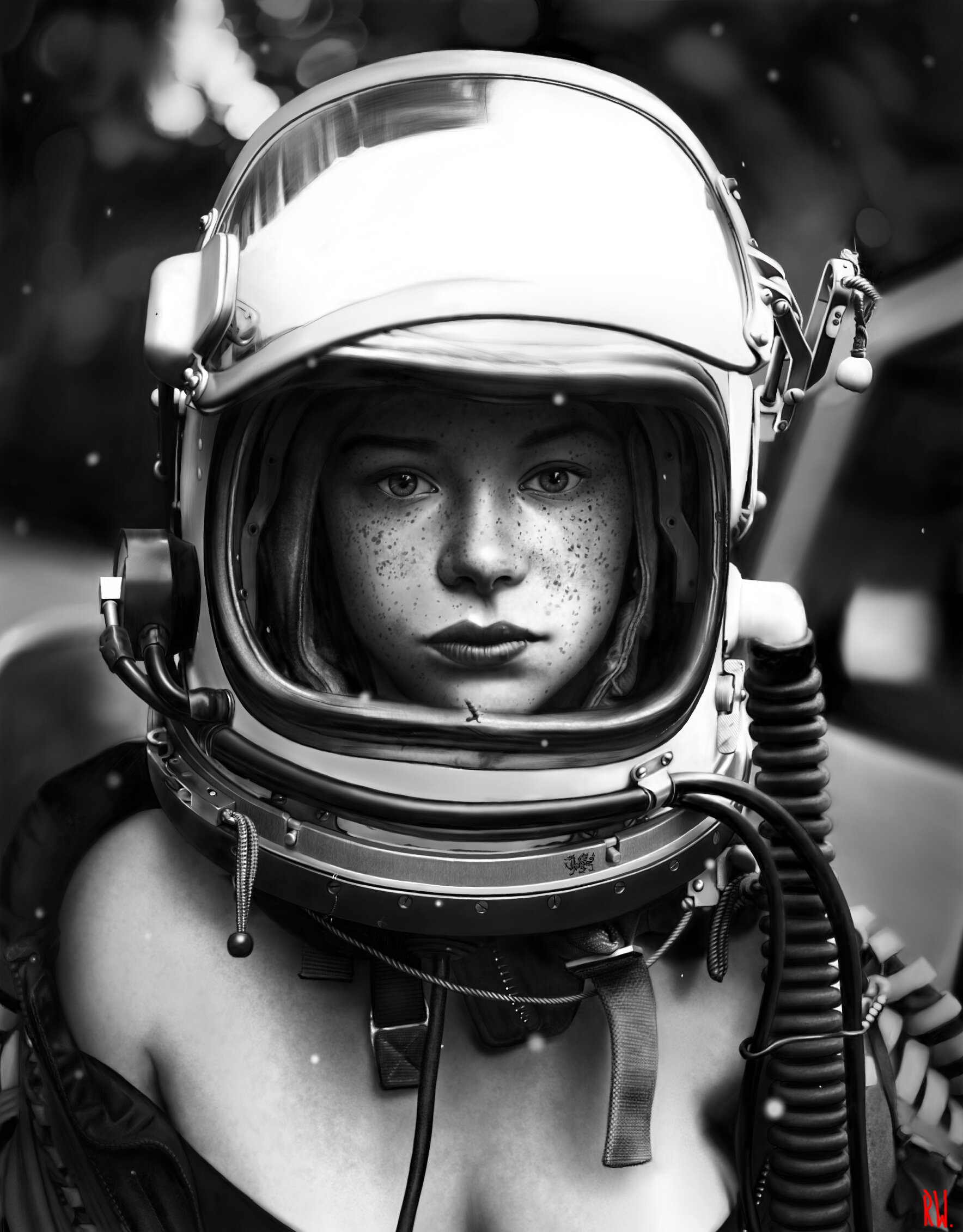 Women Monochrome Artwork Freckles Astronaut 1768x2263