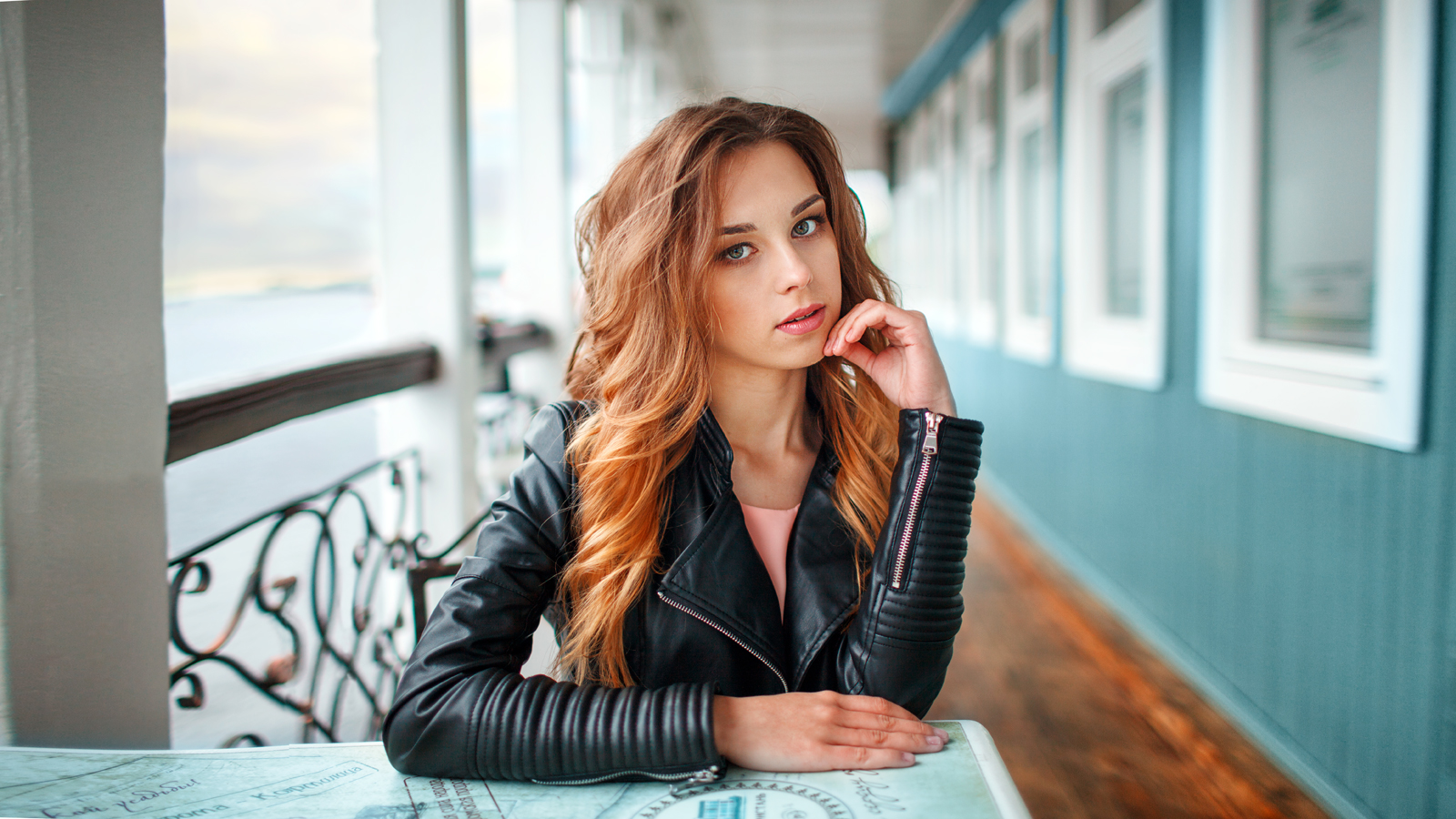 Renat Fotov Women Redhead Leather Jacket Long Hair Looking At Viewer Table Depth Of Field 1600x900