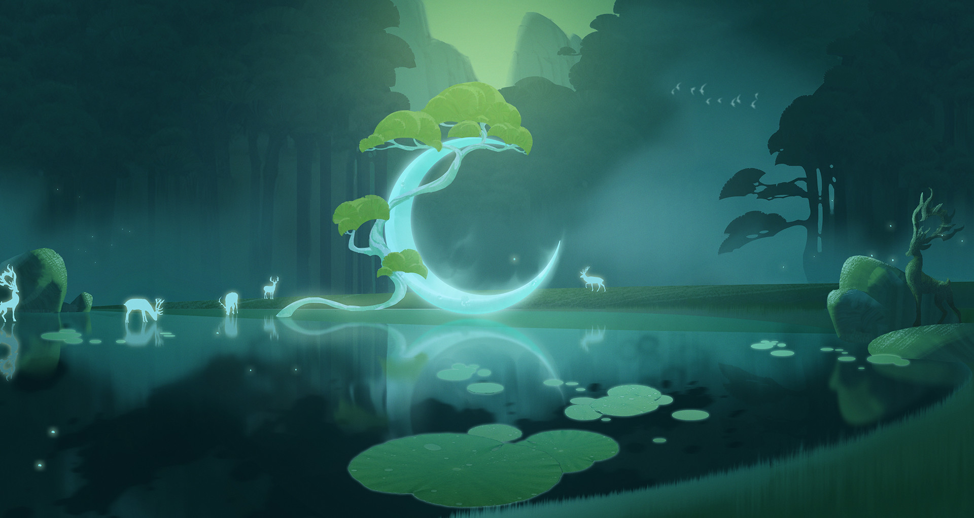 Qian Wei Digital Art Fantasy Art Deer Lake Forest Lily Pads Trees Crescent Moon Reflection 1920x1022