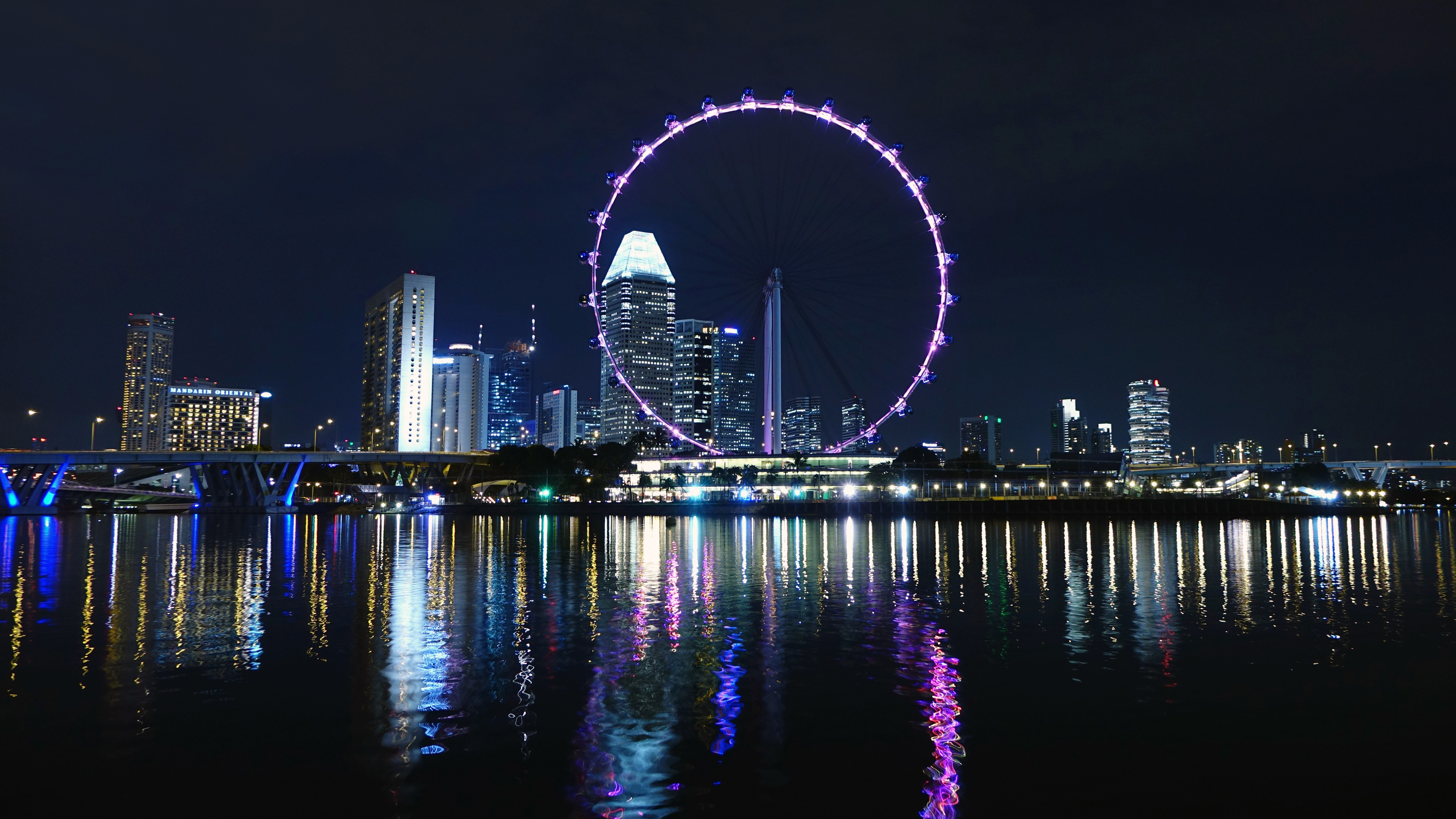 Ferris Wheel Architecture Reflection Night Singapore Singapore Flyer Marina Bay 5120x2880