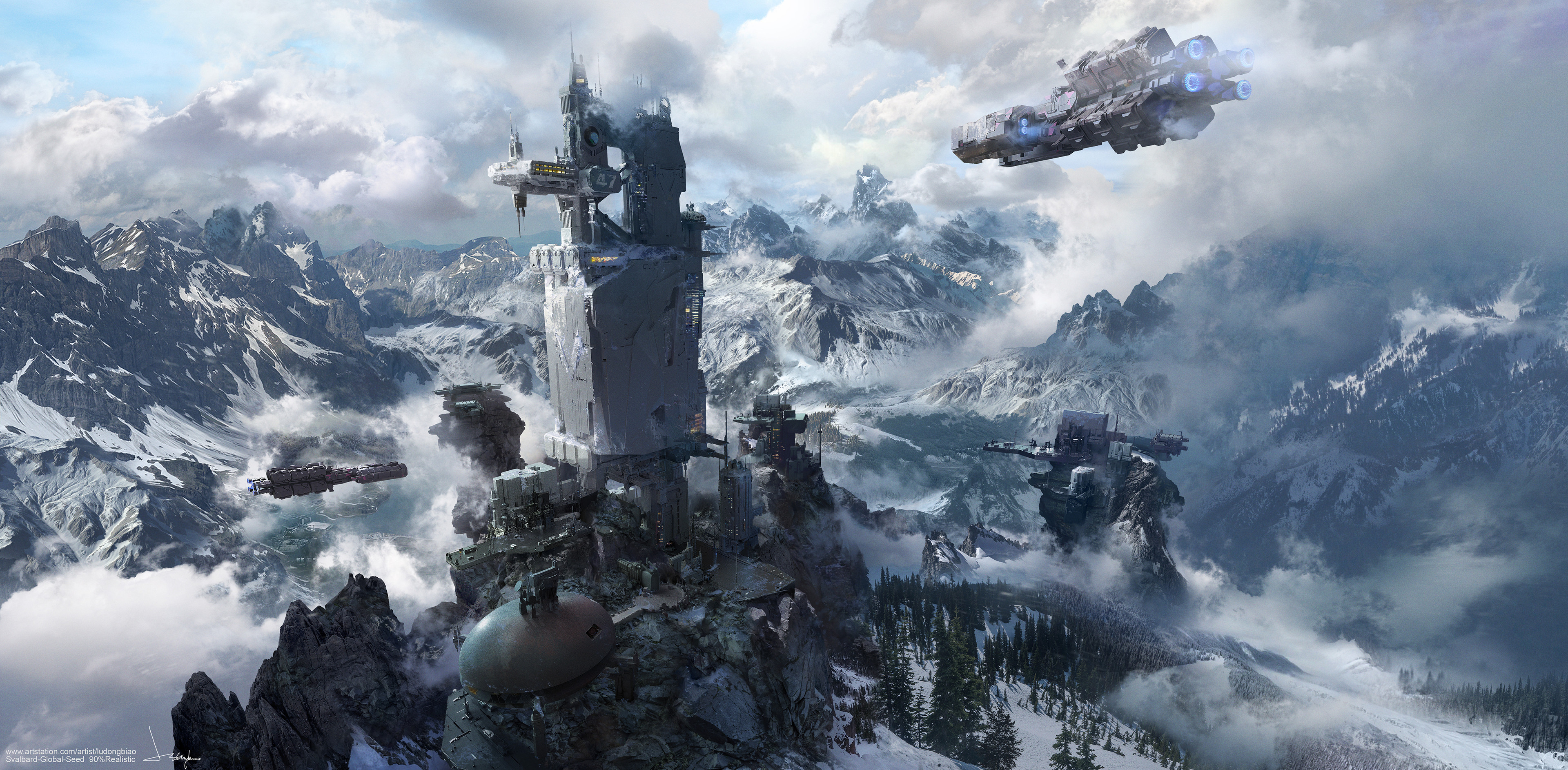 Dongbiao Lu Drawing Science Fiction Mountains Snow Clouds Spaceship Flying Futuristic Trees Landscap 3840x1886