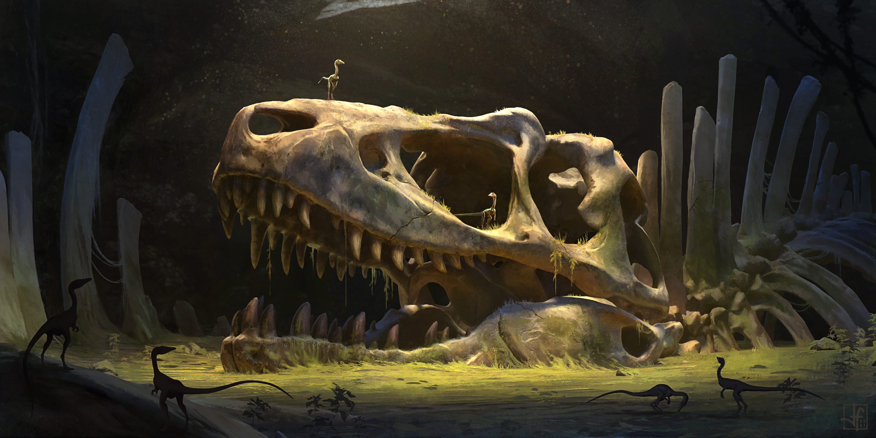 Artwork Digital Art Dinosaurs Bones Fossils Skull Raptor Moss Ancient 3000x1500
