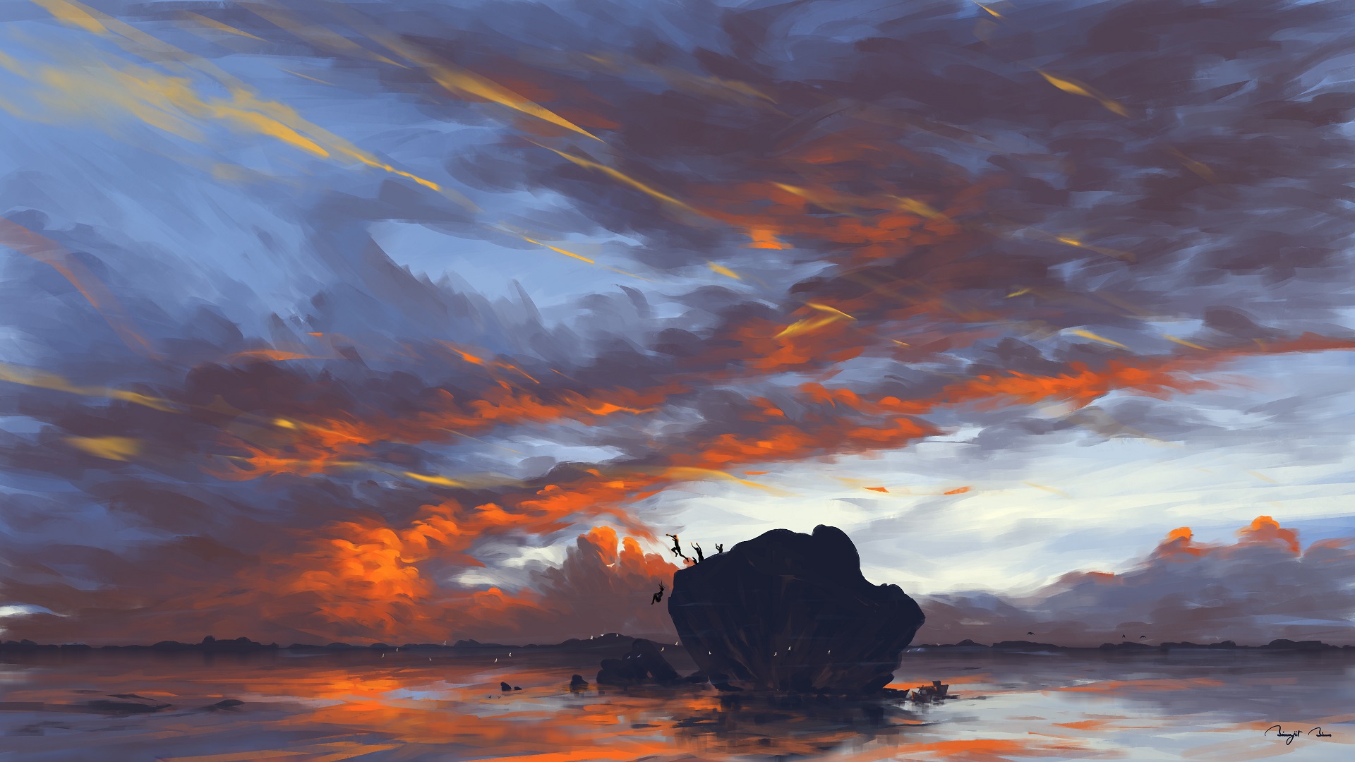 Digital Painting Sky Rock Water Clouds Sunset BisBiswas 1920x1080