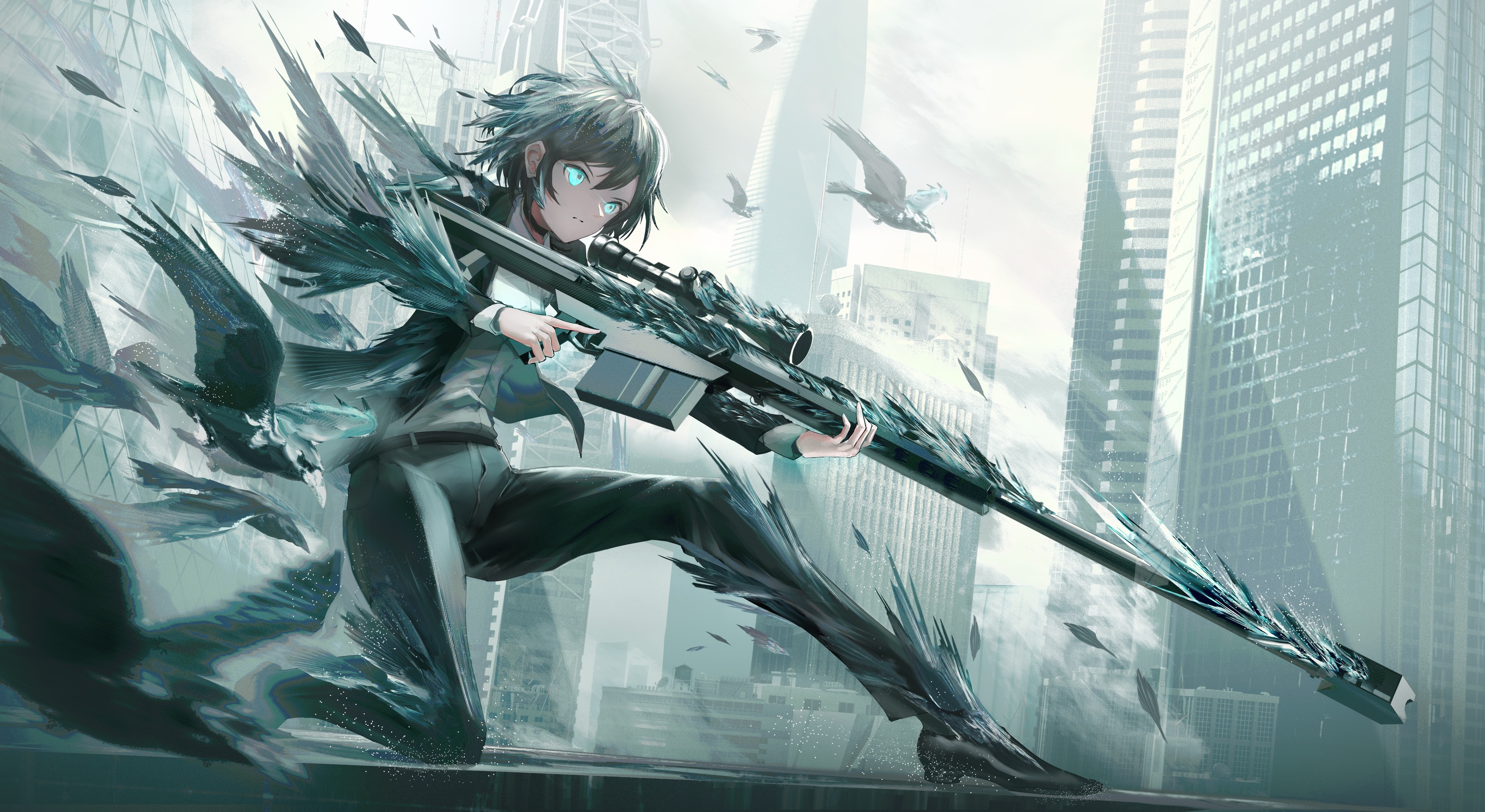 Anime Anime Girls SWAV Artwork Birds Sniper Rifle Suits Blue Eyes Black Hair Short Hair 3000x1640
