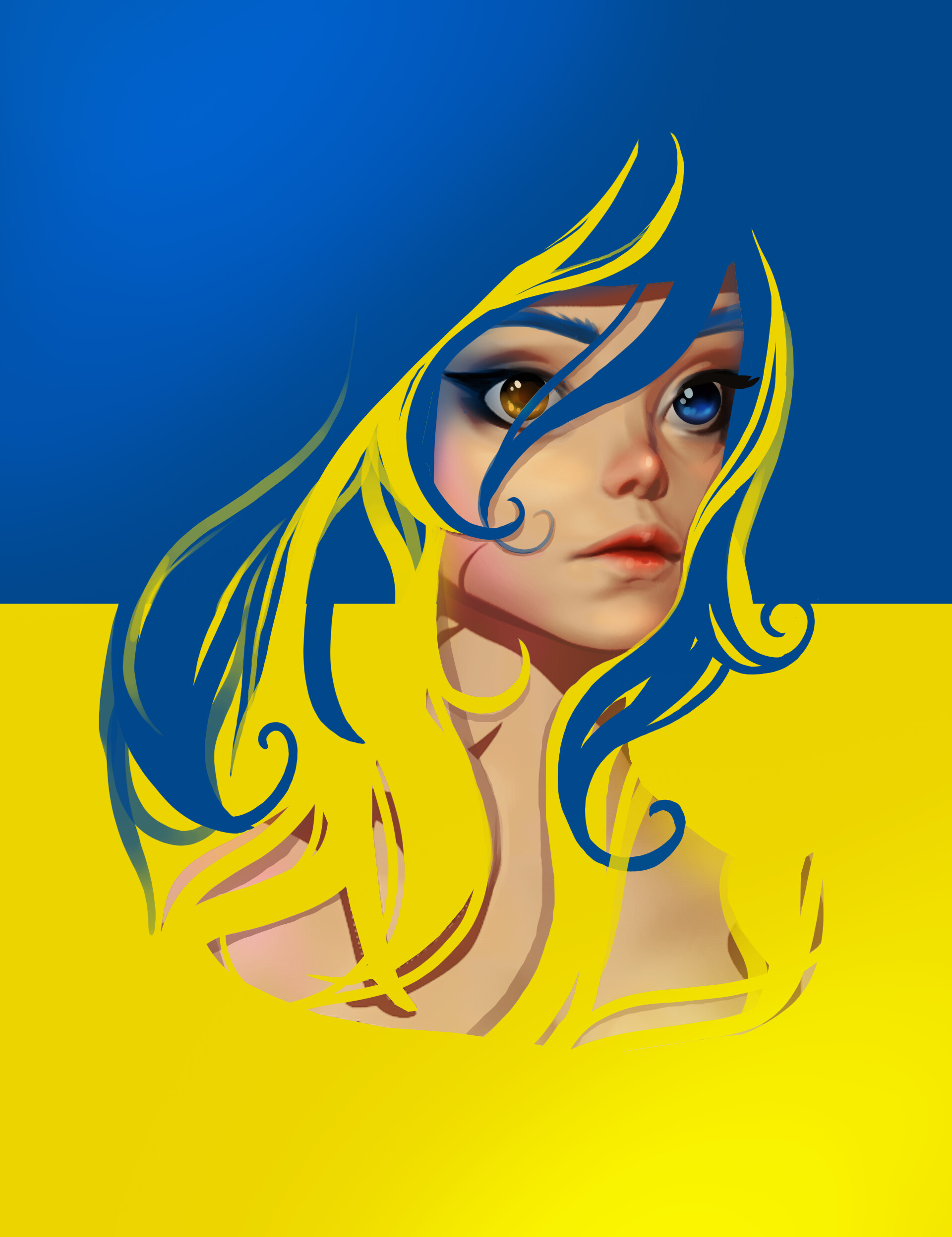 Artwork Digital Art Illustration Fictional Character Ukraine Minimalism Blue Yellow Women Heterochro 1920x2496