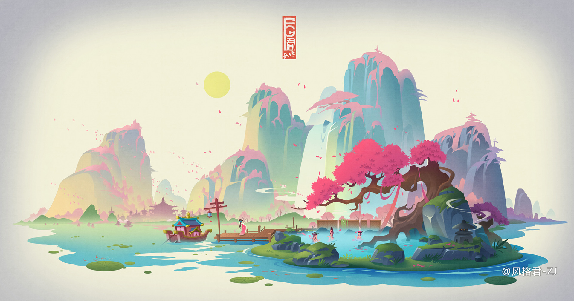 Jun Zhang Asian Architecture White Background Digital Art Cherry Blossom Hot Spring Mountains Boat 1920x1008