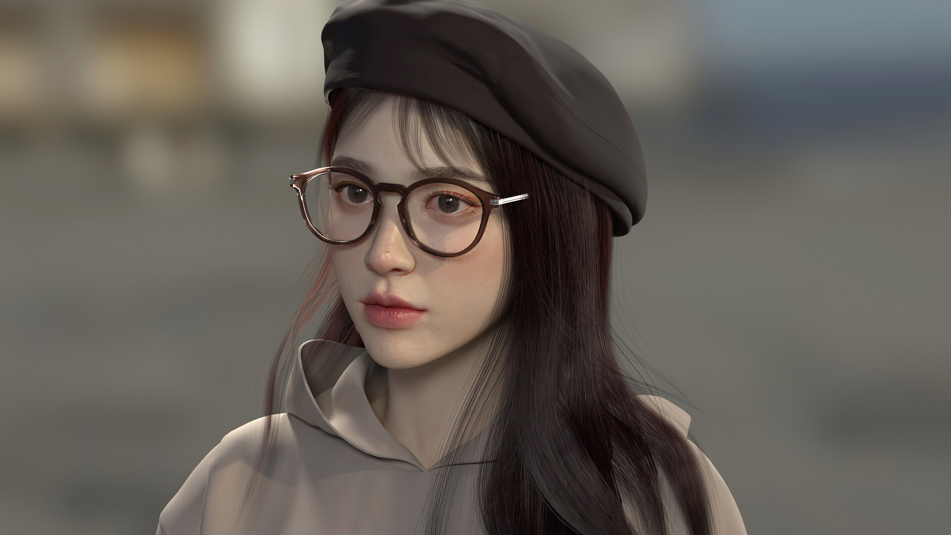 Artwork Digital Art 3D Women Brunette Hat Glasses Women With Glasses Long Hair 1920x1080