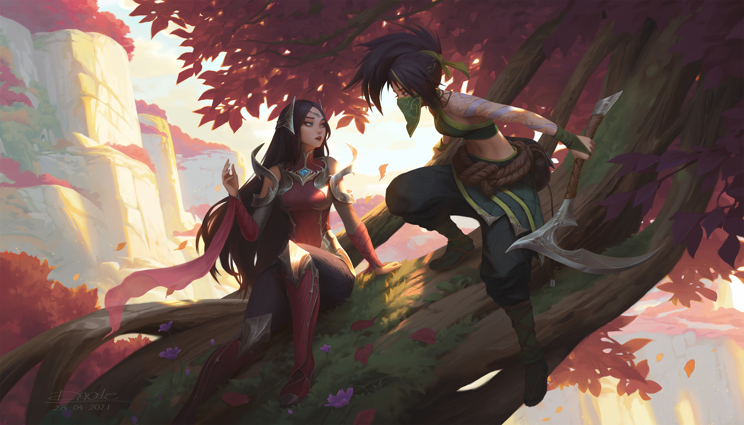 Dao Trong Le Artwork Fantasy Art Fantasy Girl Two Women Trees Women Outdoors League Of Legends Akali 2500x1429