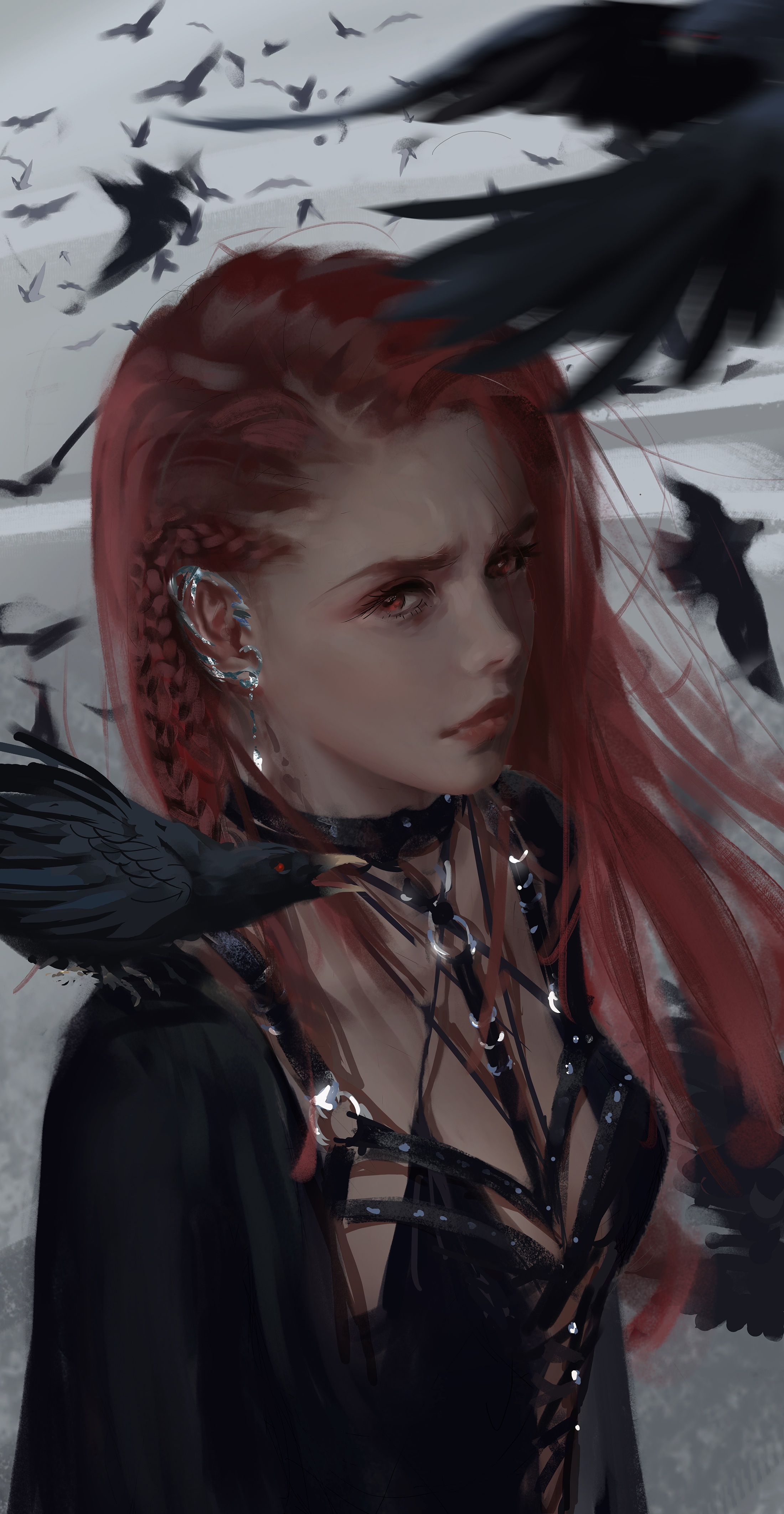 WLOP Digital Art Redhead Crow Fantasy Girl Birds Face Women 2200x4244