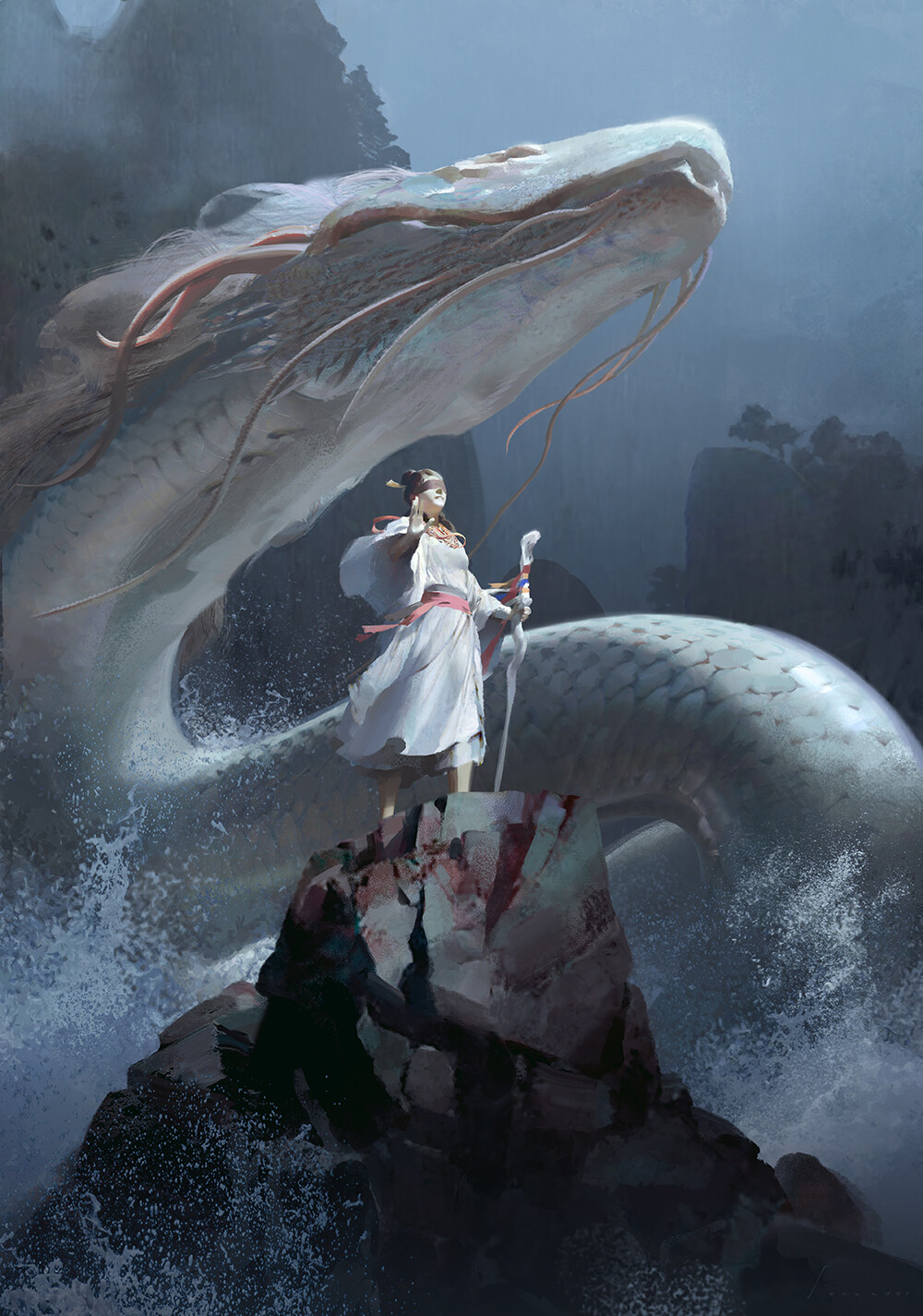 Sung Choi Artwork Fantasy Art Dragon Creature Fantasy Girl Women Standing Staff White Dress Sea 1000x1425