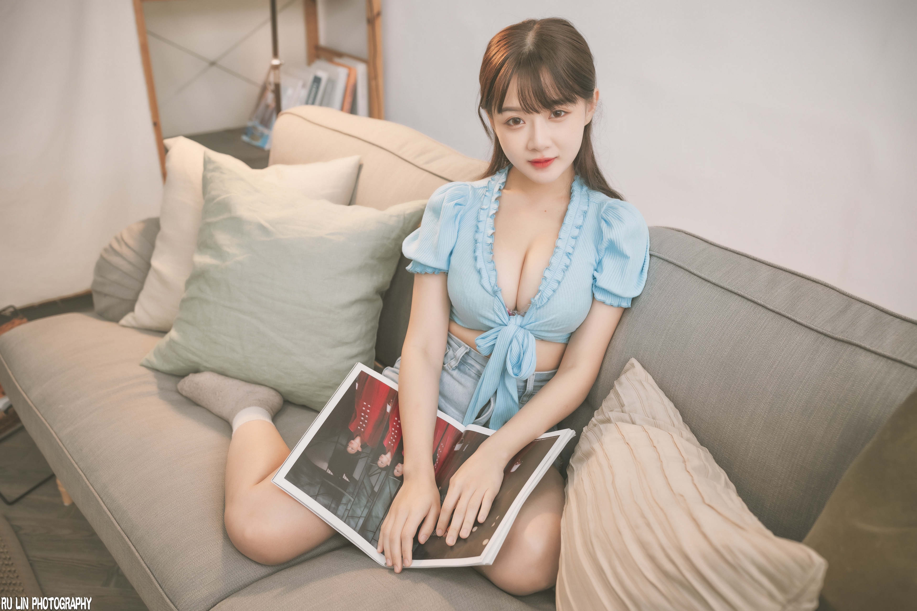 Winnie Qian Women Model Brunette Bangs Asian Looking At Viewer Blue Tops Socks Couch Indoors Women I 3840x2560