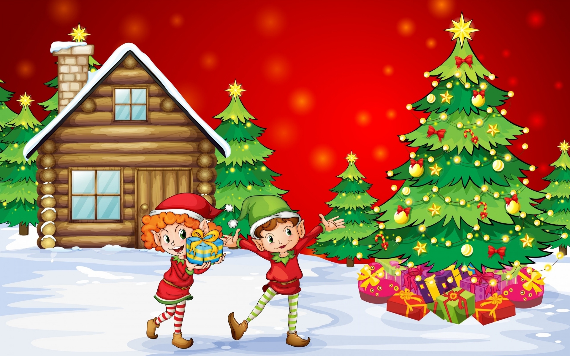 Child Snow Cabin Tree Santa Hat Gift Red Elf 1920x1200