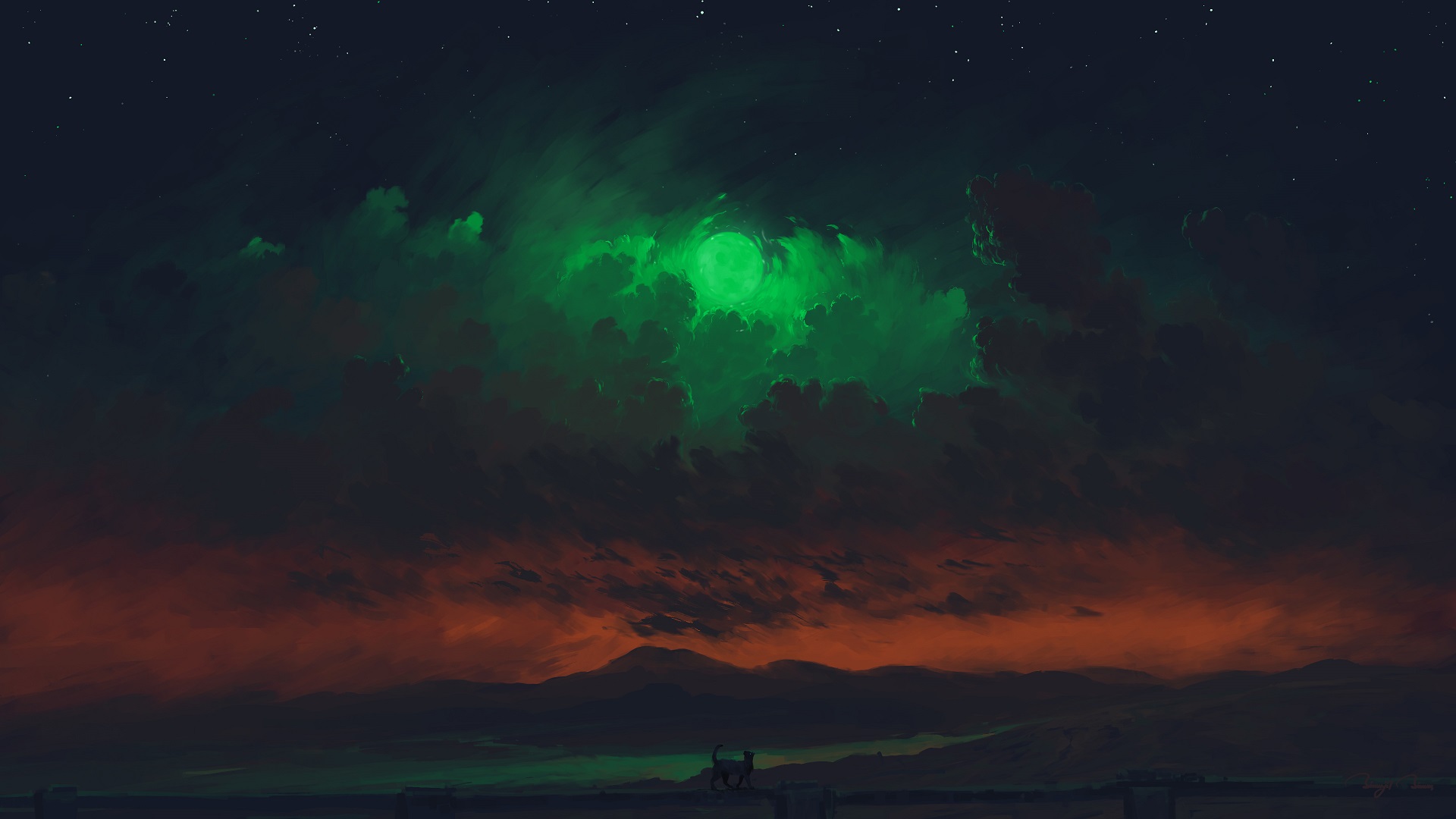 Digital Painting Landscape Emerald Moon Black Cats Clouds Sky Mountains Lake BisBiswas 1920x1080