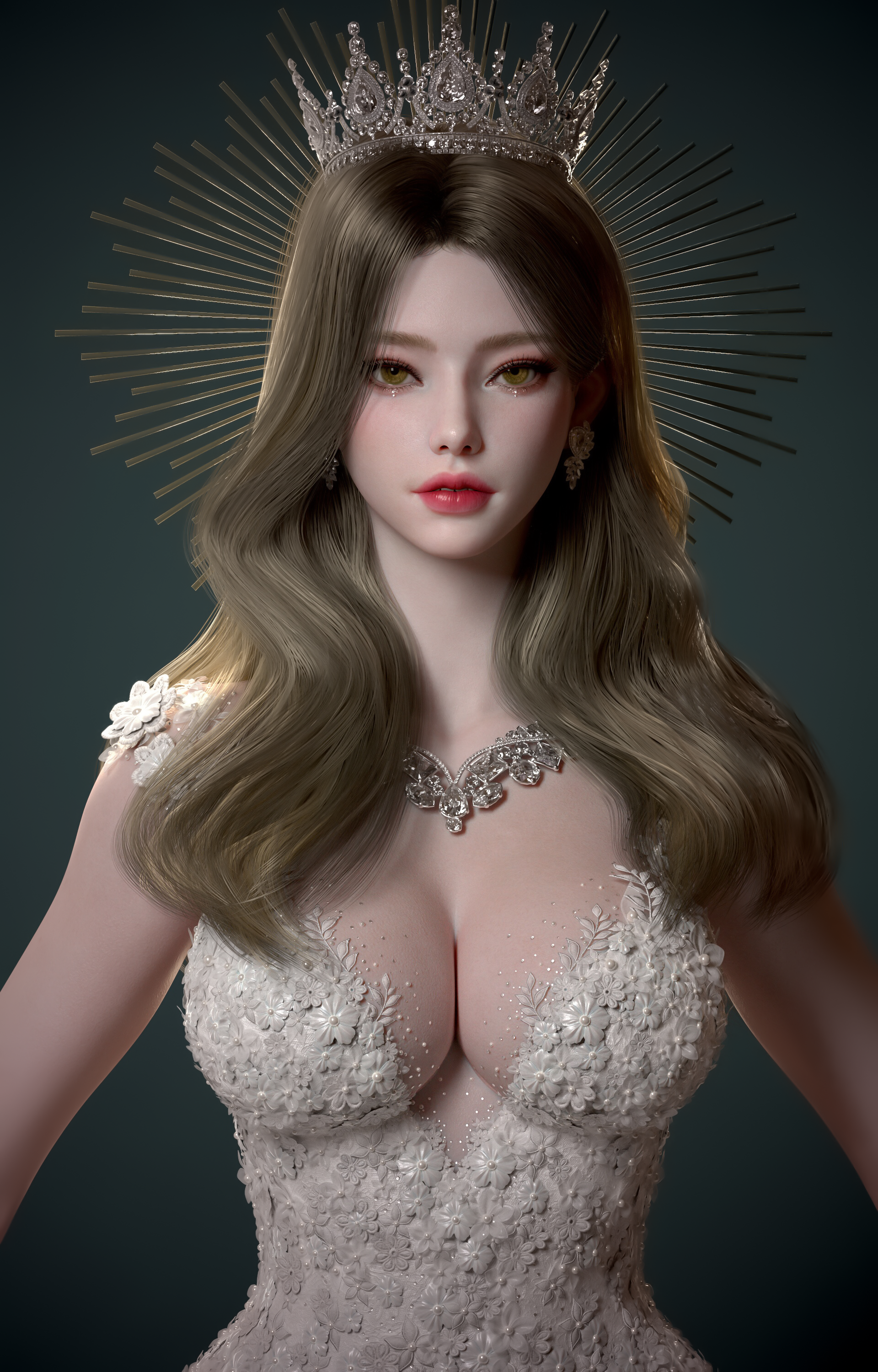 Su Jung CGi Women Brunette Crown Long Hair Makeup Wavy Hair Jewelry Necklace Dress White Clothing Si 1920x3000