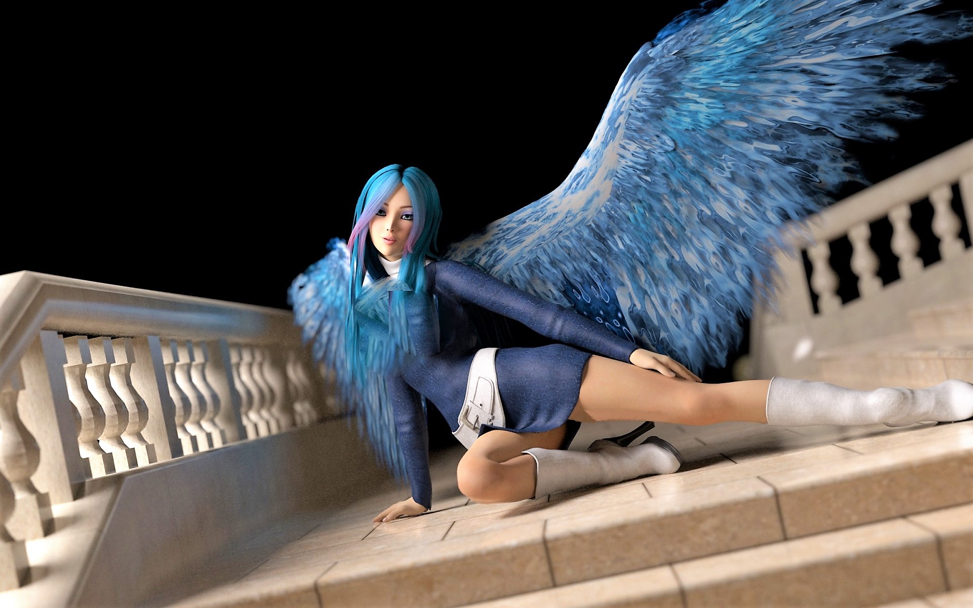 Woman Wings Boots Blue Hair 1920x1200