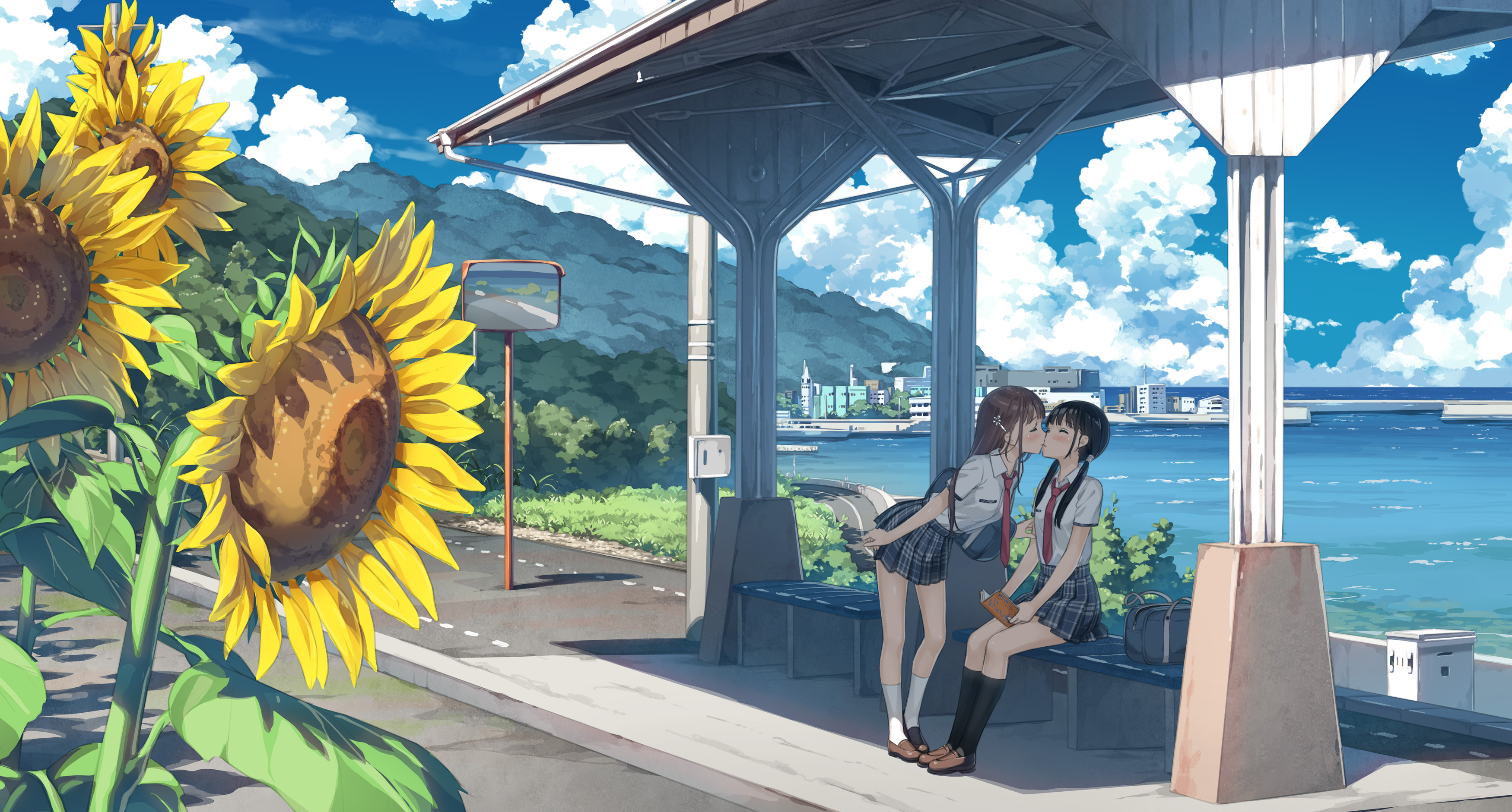 Anime Anime Girls Kantoku Artwork Landscape Sunflowers Kissing School Uniform 3500x1882