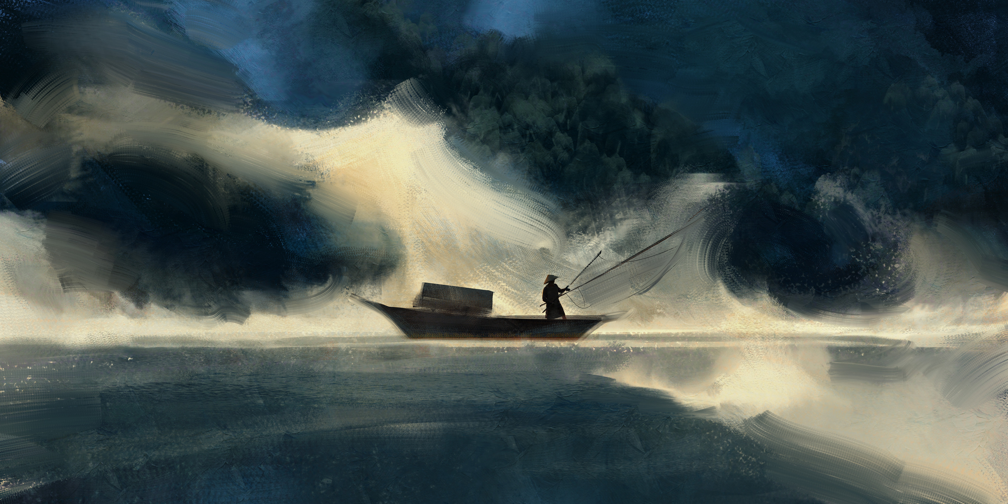 Quentin Mabille Digital Art Digital Painting Artwork Fisherman Lake 3500x1750