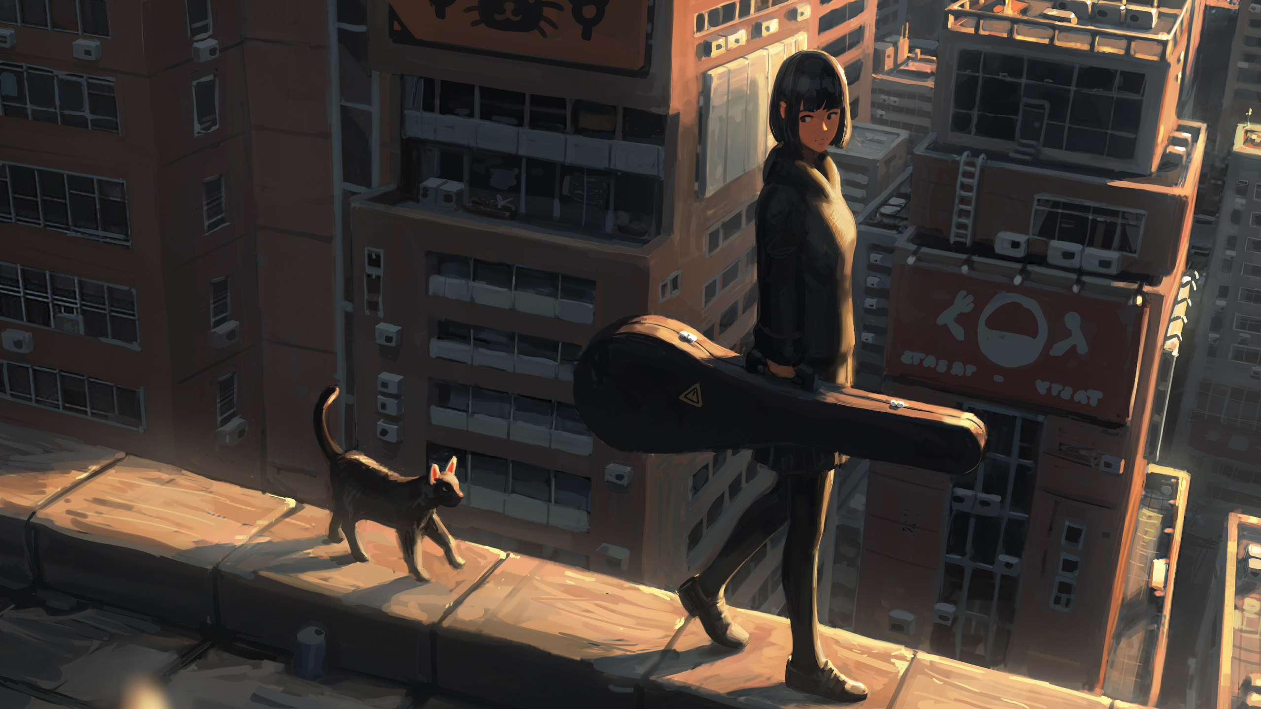 Anime Cityscape GUWEiZ Cats Guitar 2560x1440