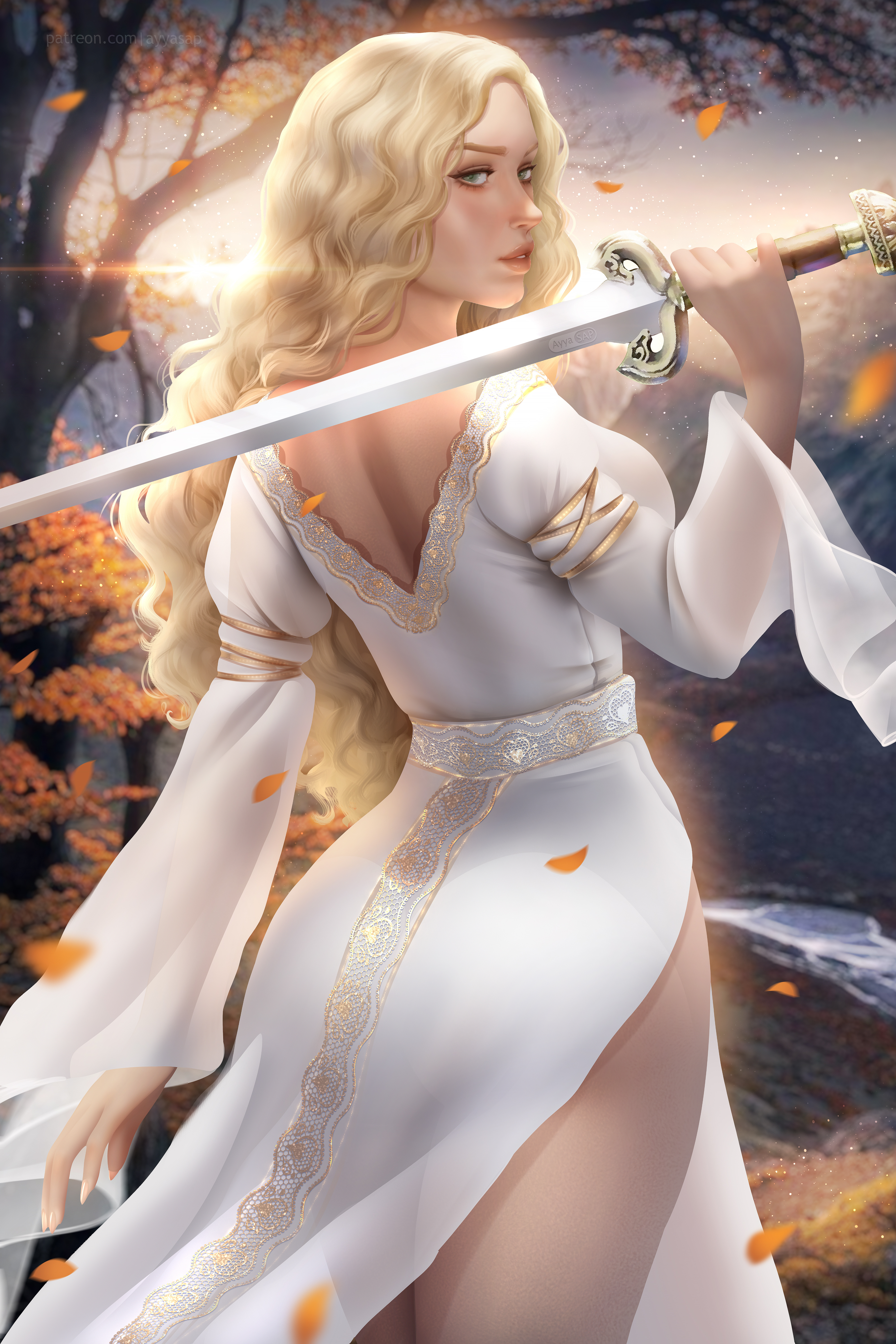 Eowyn Fictional Character The Lord Of The Rings Sword Sunset Fall Blonde Behind Dress Artwork Drawin 4000x6000