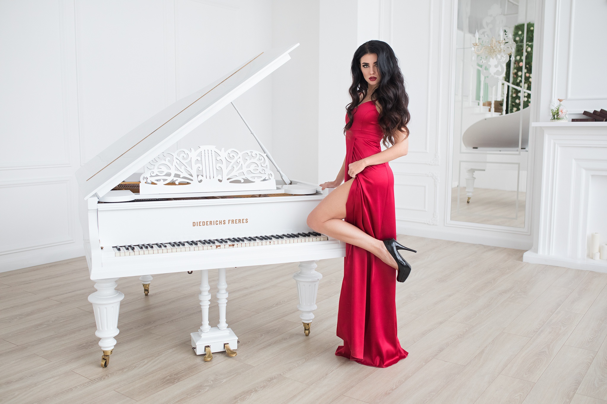 Piano Red Dress Black Hair 2048x1365