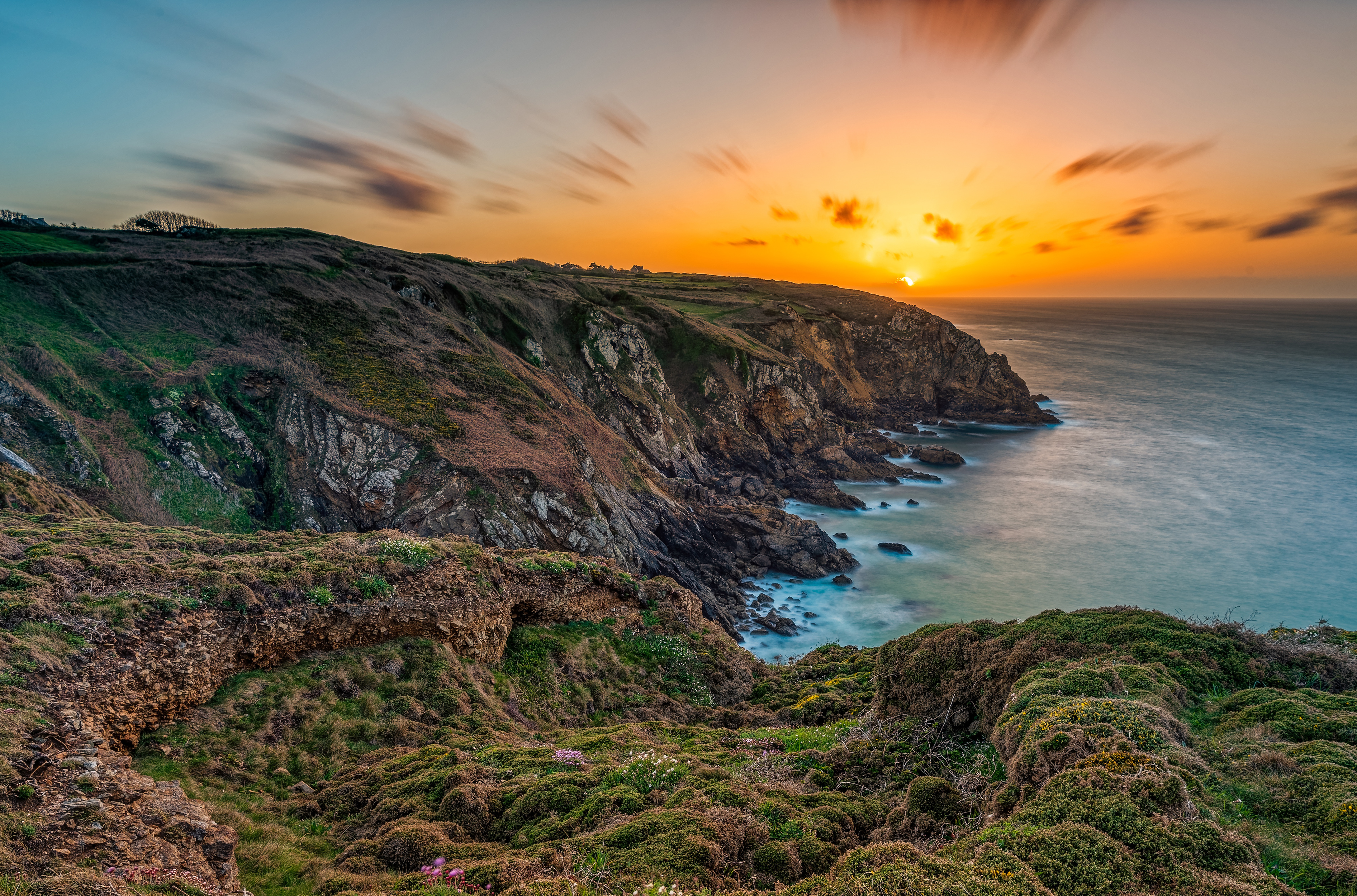 Brittany Cliff Coast France Ocean Sunset 3785x2500