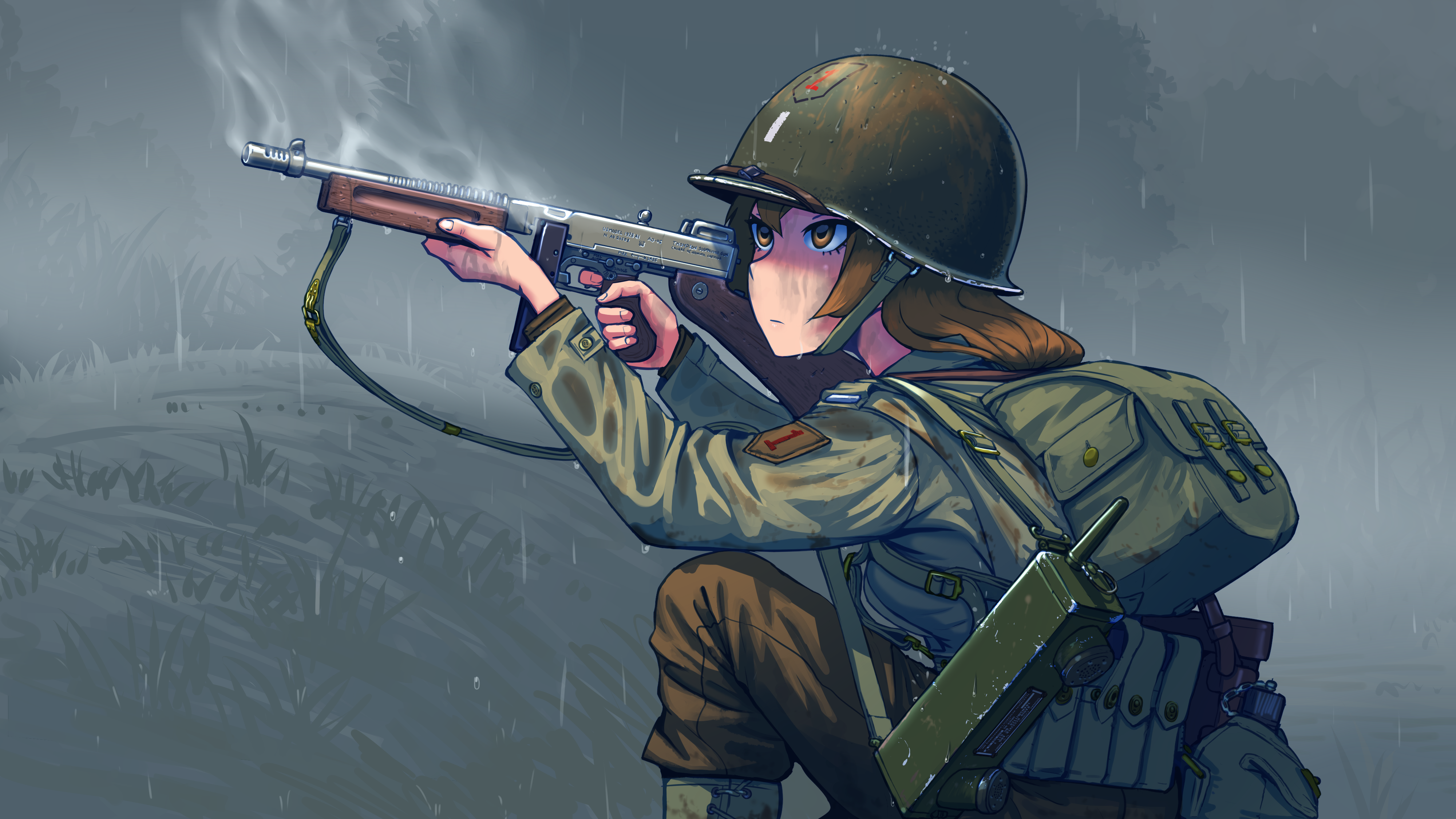 War Thompson M1a1 Big Red 1 World War Ii Infantry Rain Soldier Anime Girls Naze1940 Erica 1st Infant 4000x2250