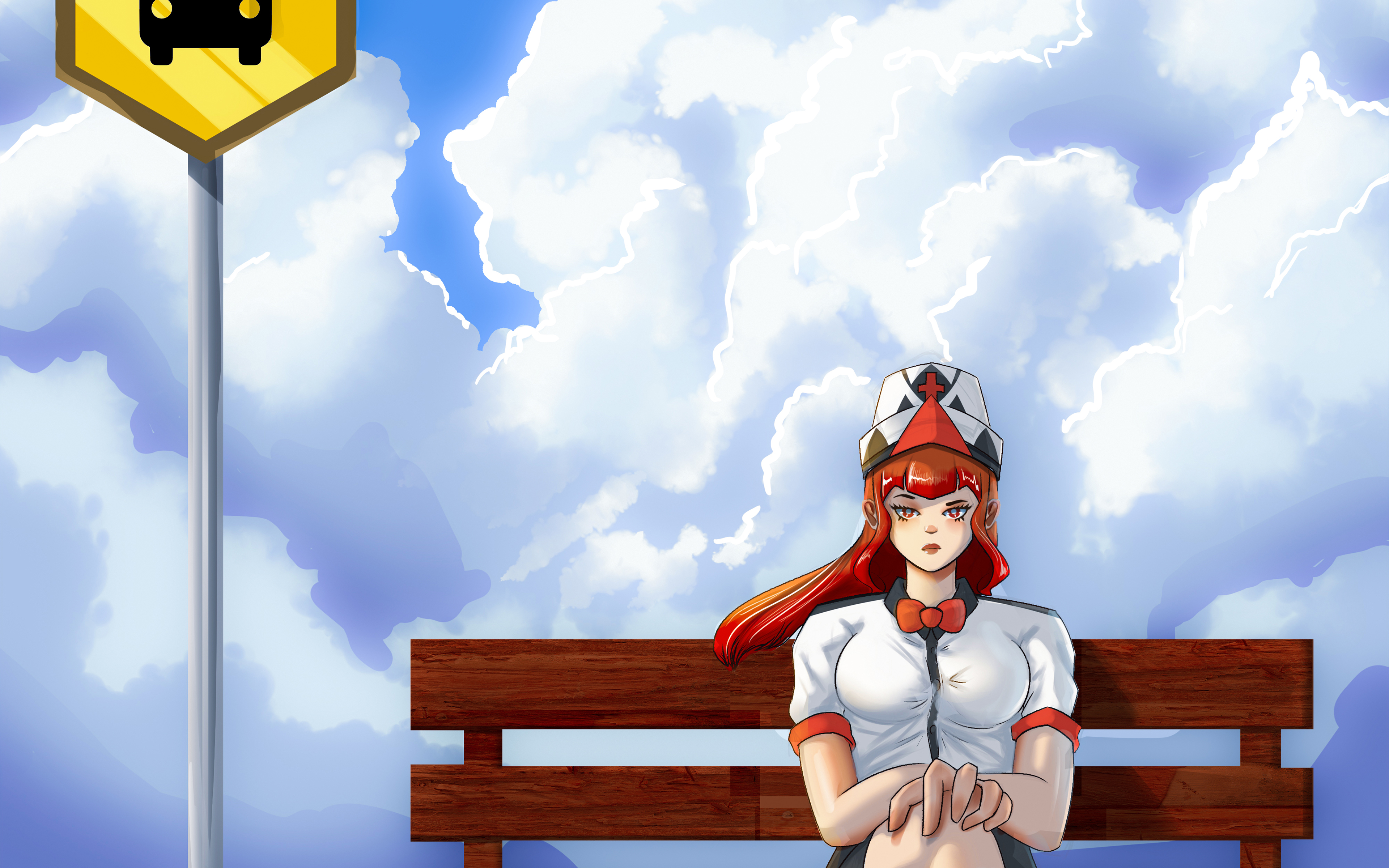 Clouds Bench Bus Stop Looking At Viewer Legs Crossed Redhead Nurse Outfit Shirt Marci Lustra 3840x2400