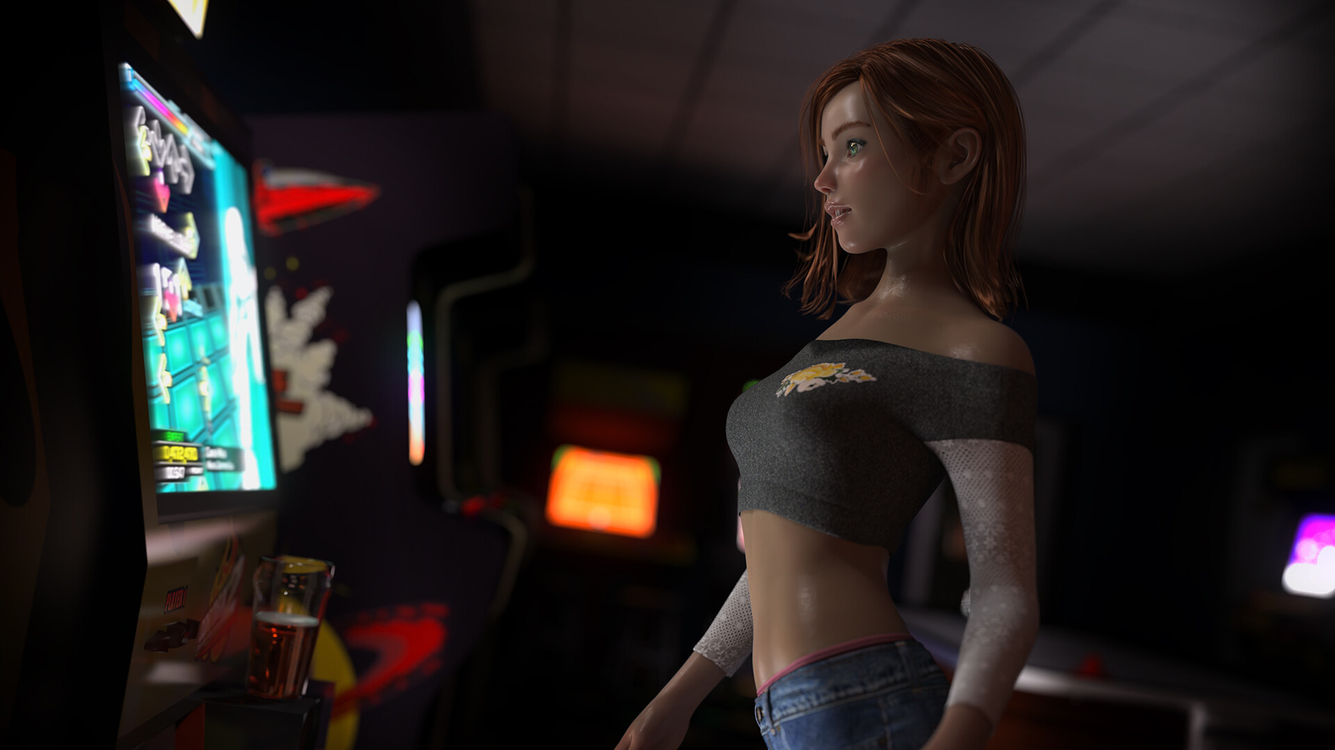 Ithius Eiros Women Redhead Digital Art 3D Dancer Jeans Short Tops Retro Games Video Games Green Eyes 1920x1080