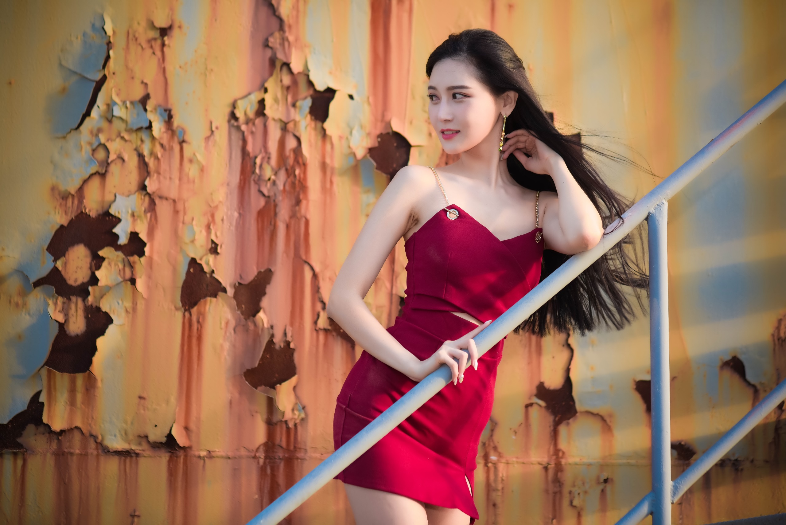 Asian Women Model Dress Red Dress Looking Away Rust Metal Women Outdoors Long Hair Lipstick Black Ha 2560x1709