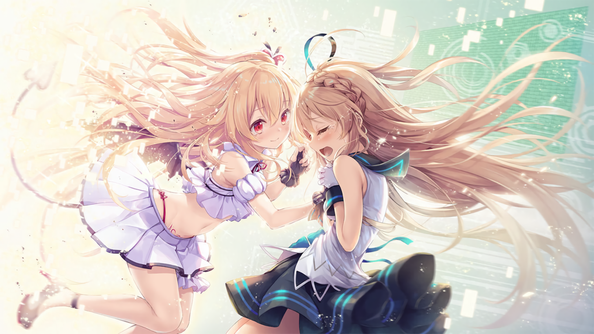2D Anime Girls Blonde Long Hair Red Eyes Smiling Crying Bare Midriff Tail Wings 2048x1152