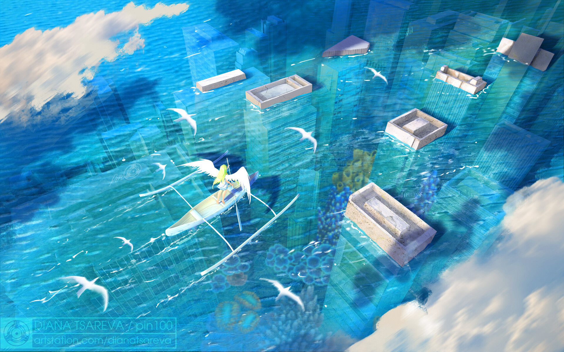 Artwork Fantasy Art Sea City Angel Wings Boat 1920x1200