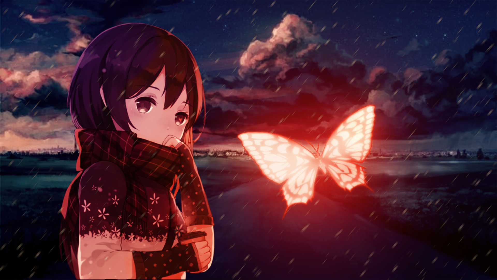Anime Girls Glowing Butterfly Effects Dark Shadow Snow Country Girls Sky 1920x1080