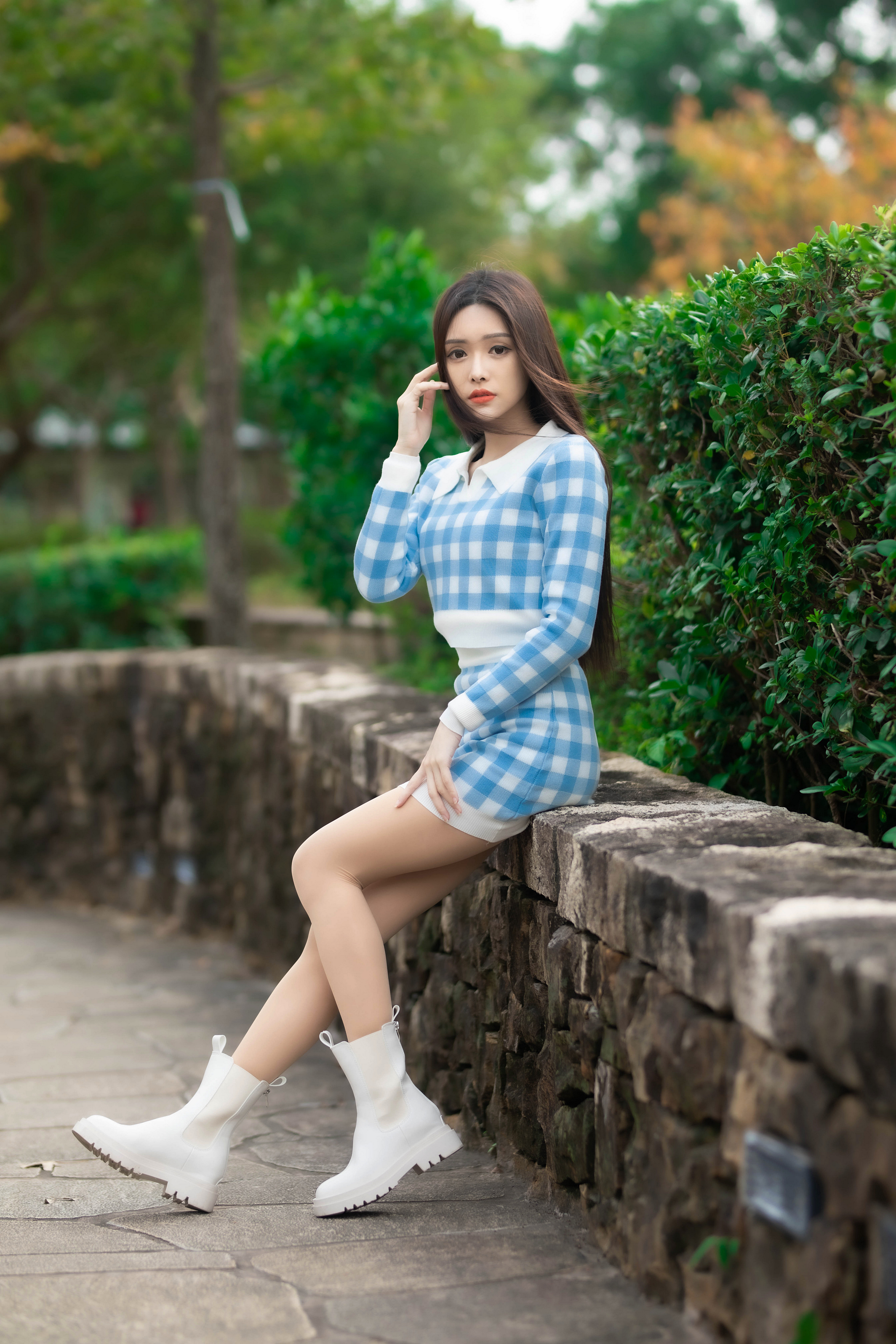 Asian Model Women Long Hair Dark Hair Depth Of Field Women Outdoors Sitting Trees Bushes Ankle Boots 2560x3840