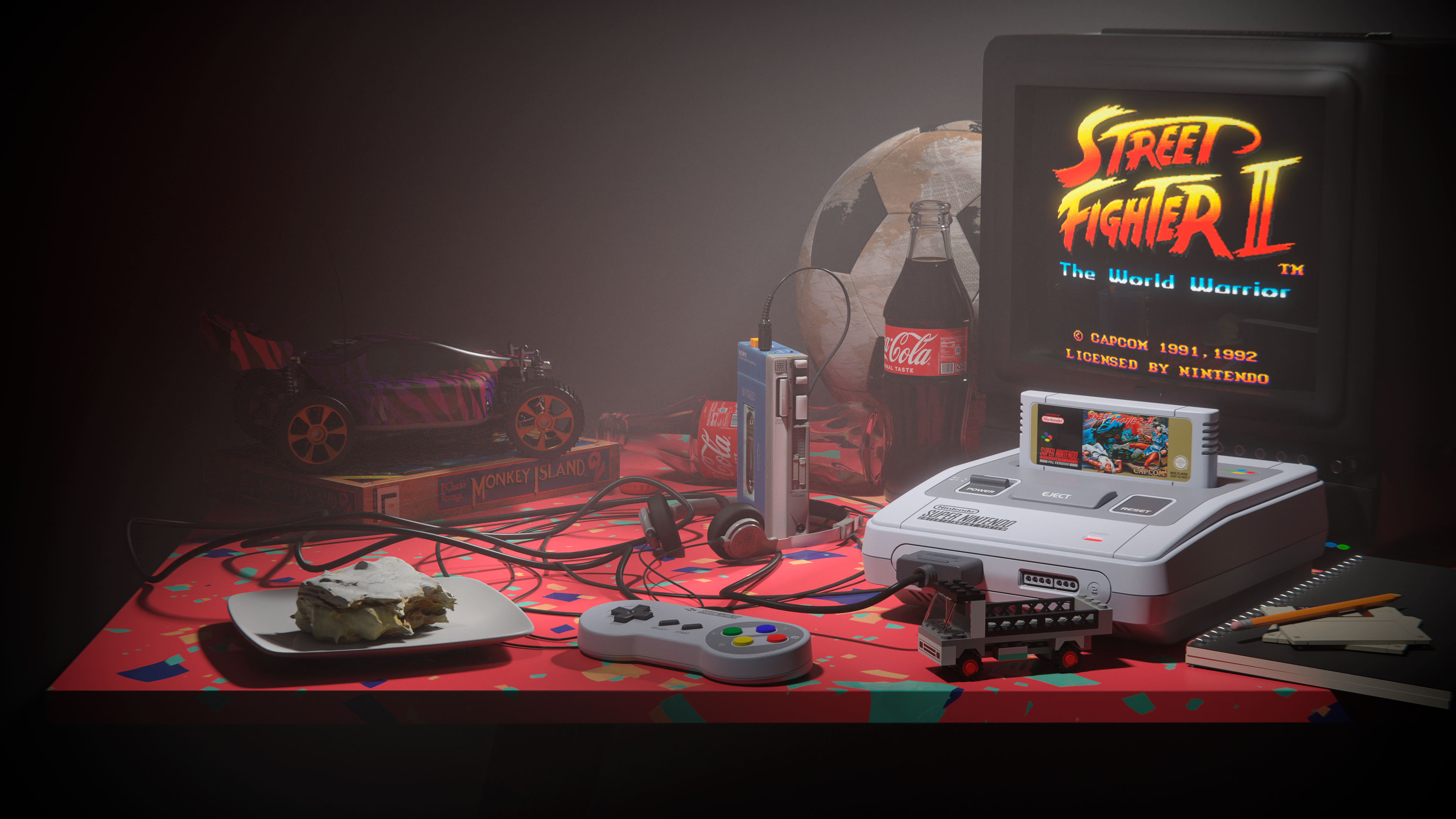 CGi Digital Art Render Rendering Still Life 90s SNES Street Fighter RC Car Walkman Football 3840x2160