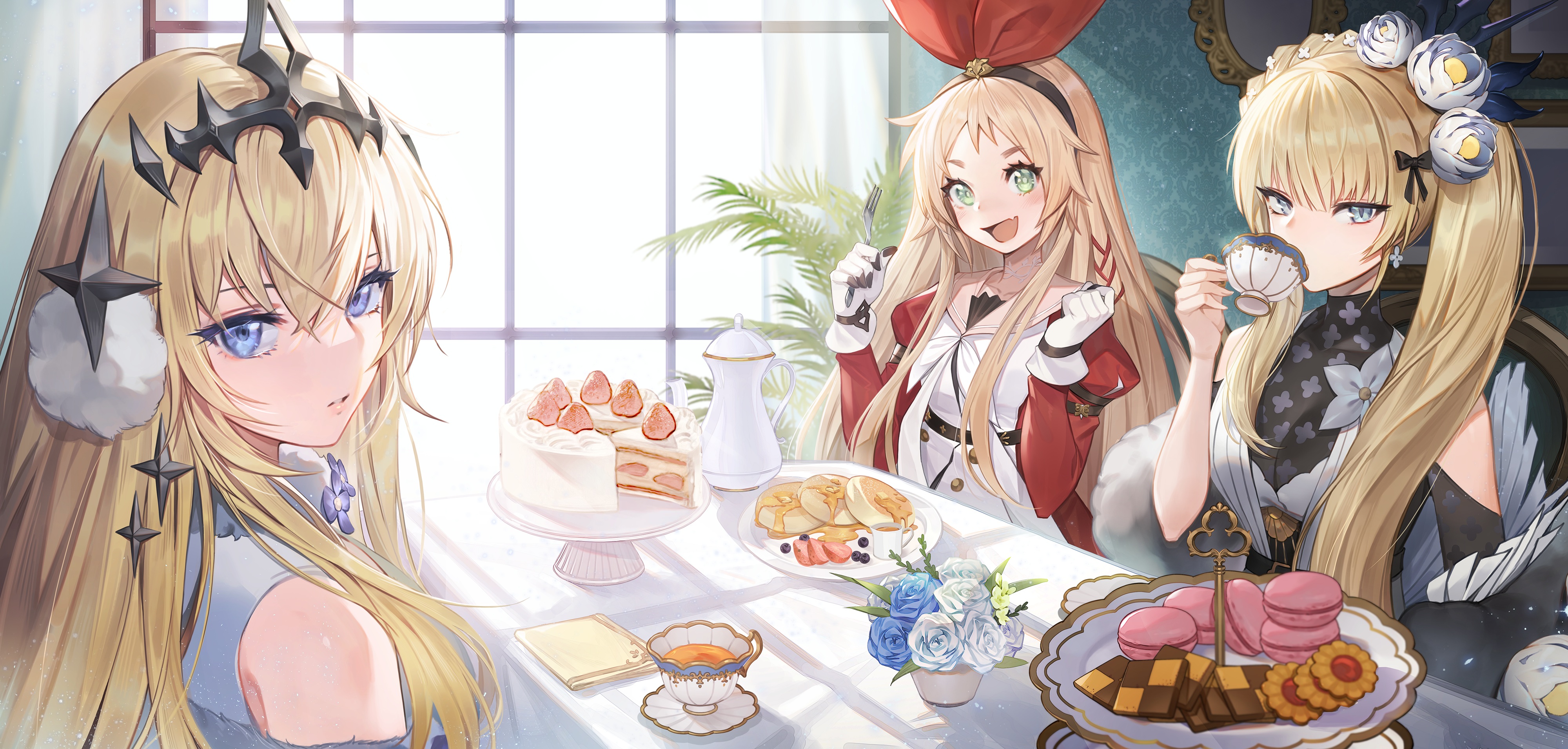 Anime Anime Girls Women Trio Food Sweets Blue Eyes Green Eyes Drinking Women Indoors Long Hair Open  4000x1912