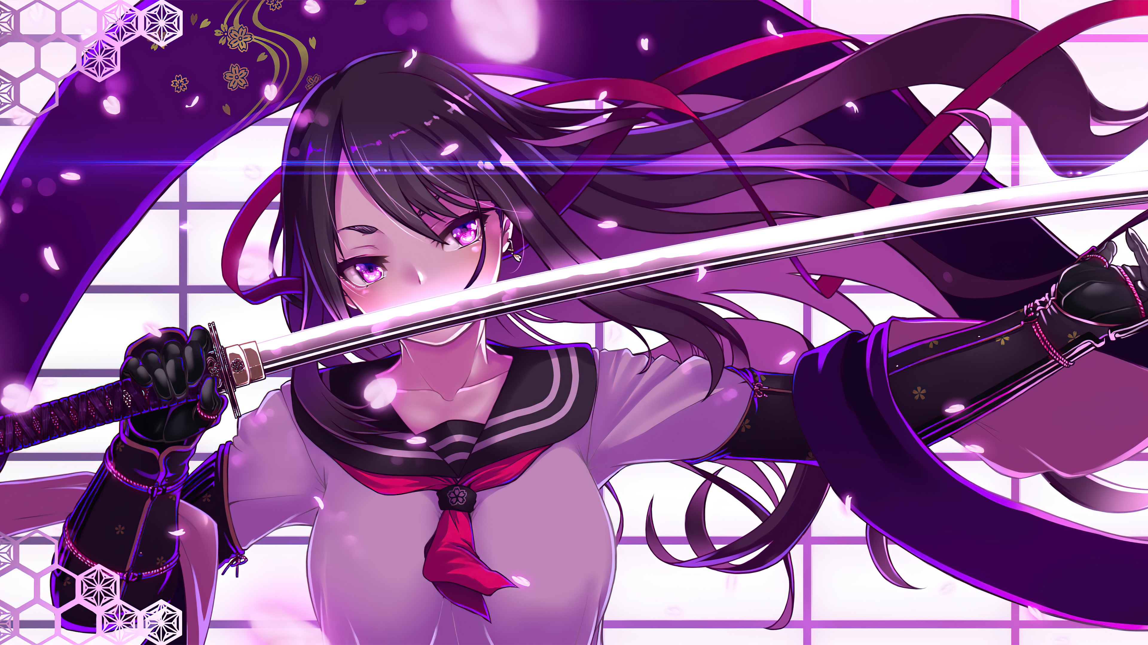 Artwork Anime Girls Sword Katana School Uniform Sailor Uniform Armor Dark Hair Long Hair Purple Eyes 3840x2160