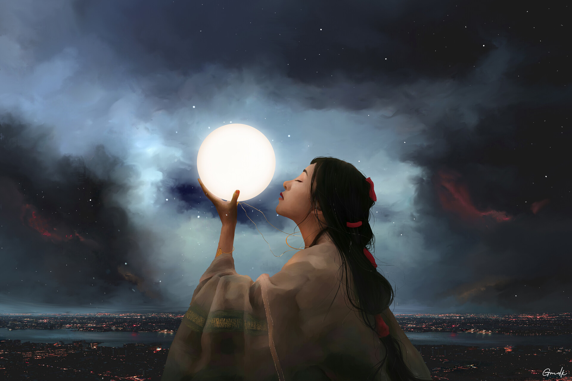 Gmdk Digital Art Digital Painting Artwork Women Lightning Moonlight City Closed Eyes Hanfu 1920x1280