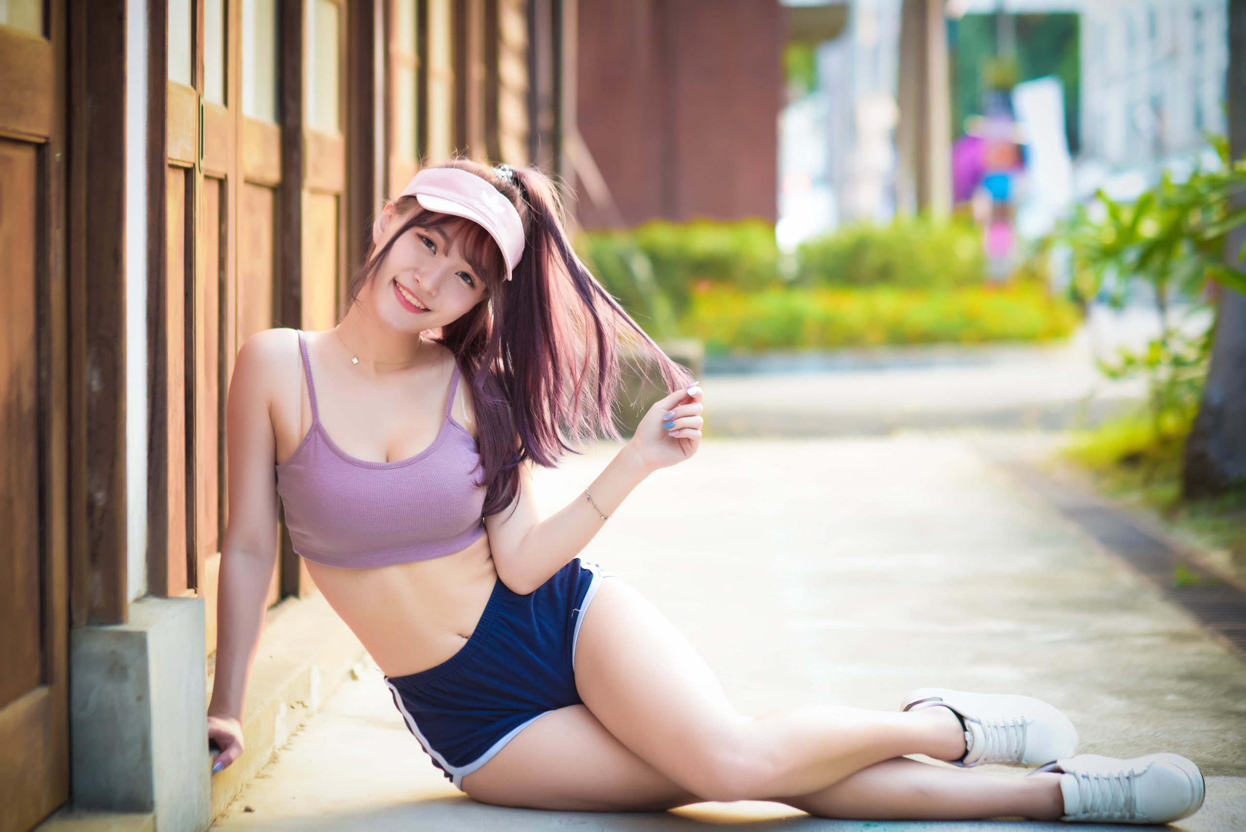 Women Model Asian Brunette Ponytail Looking At Viewer Visors Crop Top Depth Of Field Outdoors Women  2560x1709