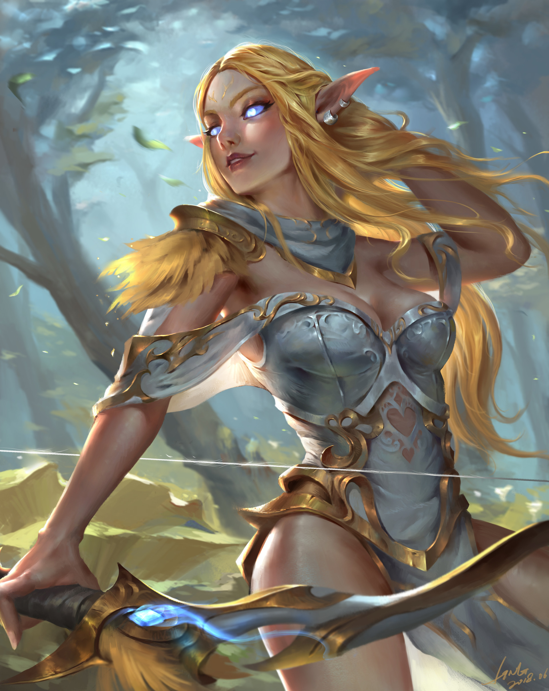 Artwork Fantasy Art Fantasy Girl Women Elves Elf Ears Blonde Glowing Eyes Bow Armor 1920x2415