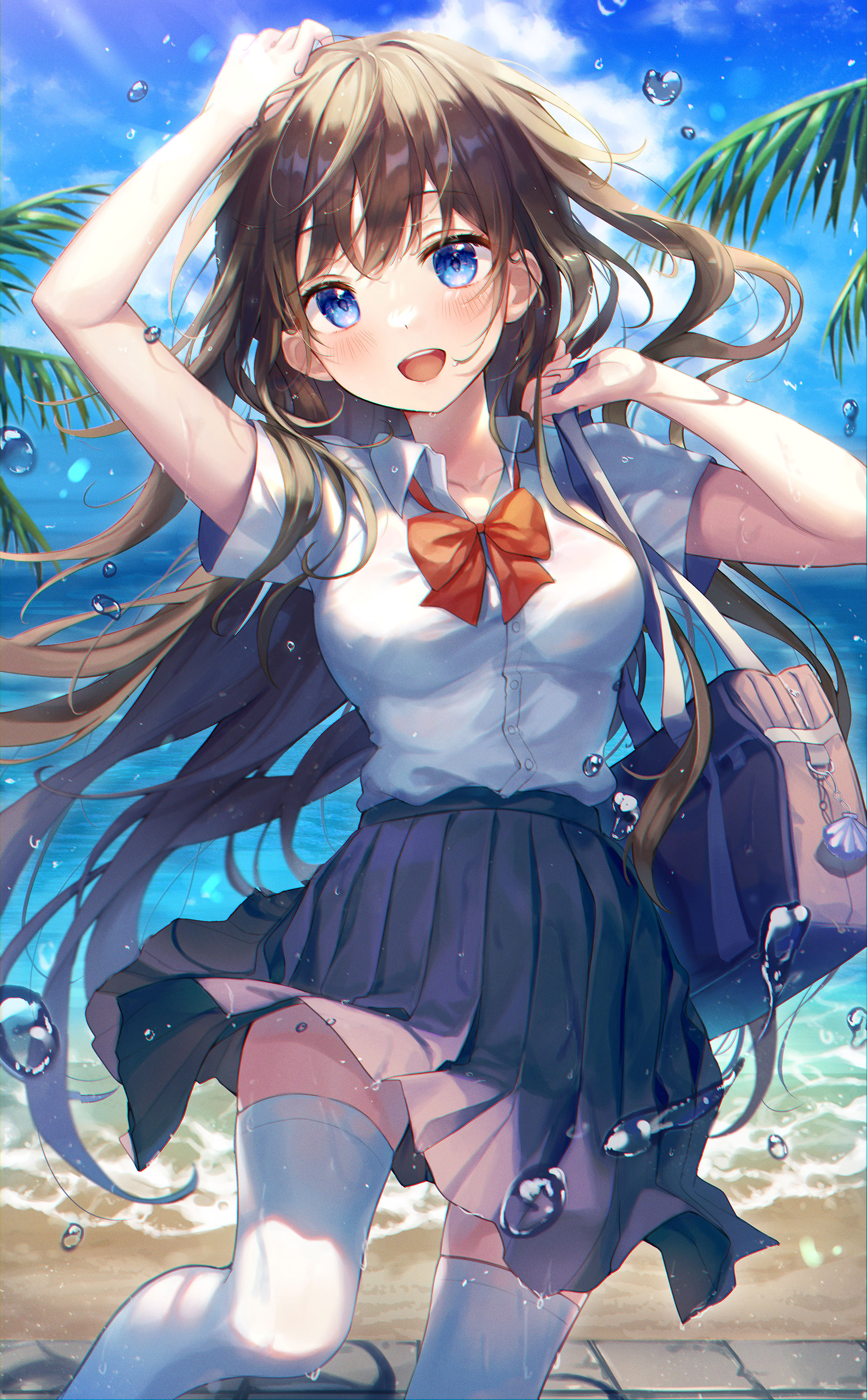 Aimbek Beach Clear Sky Anime Anime Girls Skirt Open Mouth Brunette Long Hair Blue Eyes Arms Up 1858x3000