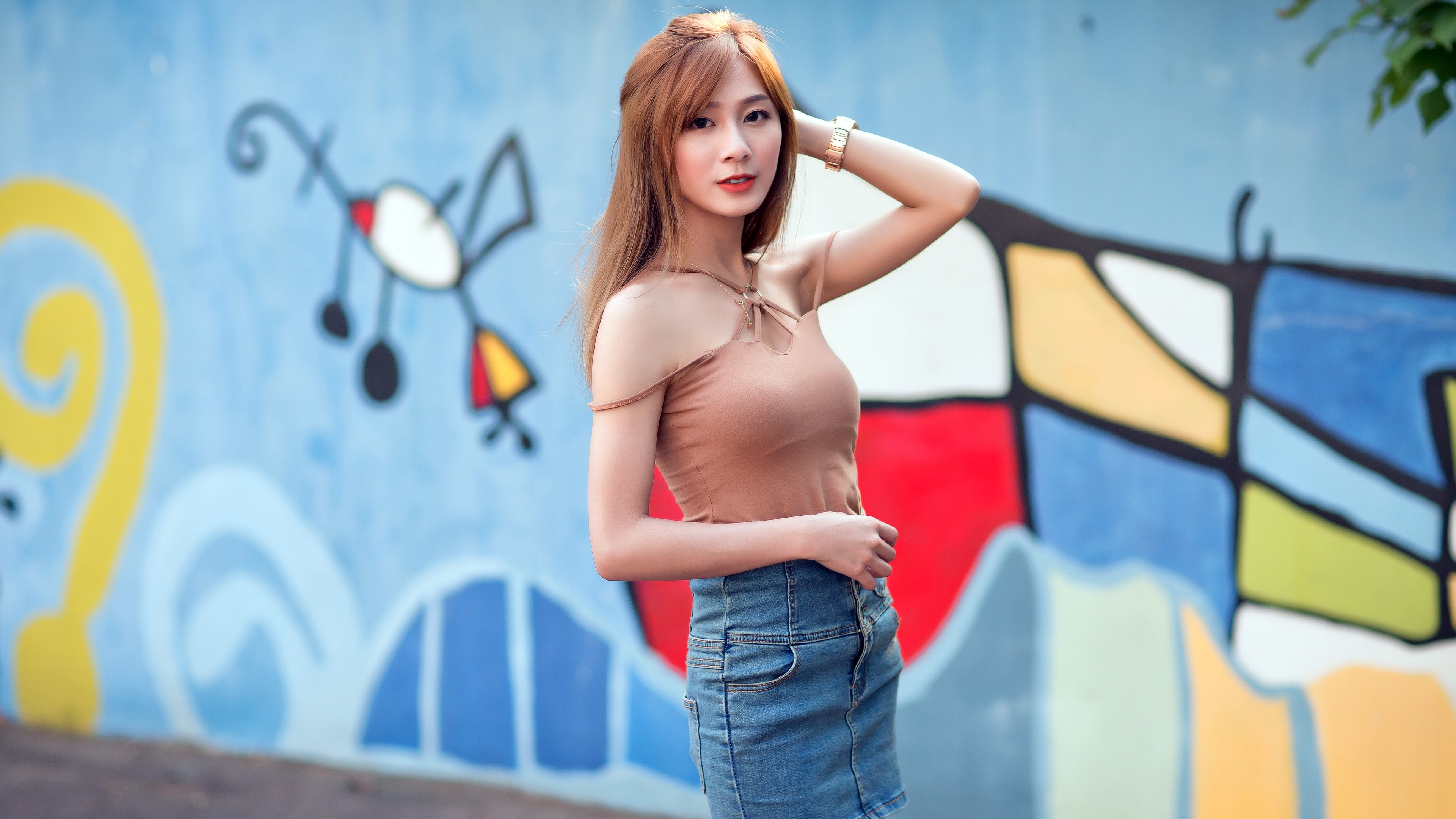 Asian Model Outdoors Women Outdoors Urban Wall Dyed Hair Standing Red Lipstick Looking At Viewer Str 3840x2160