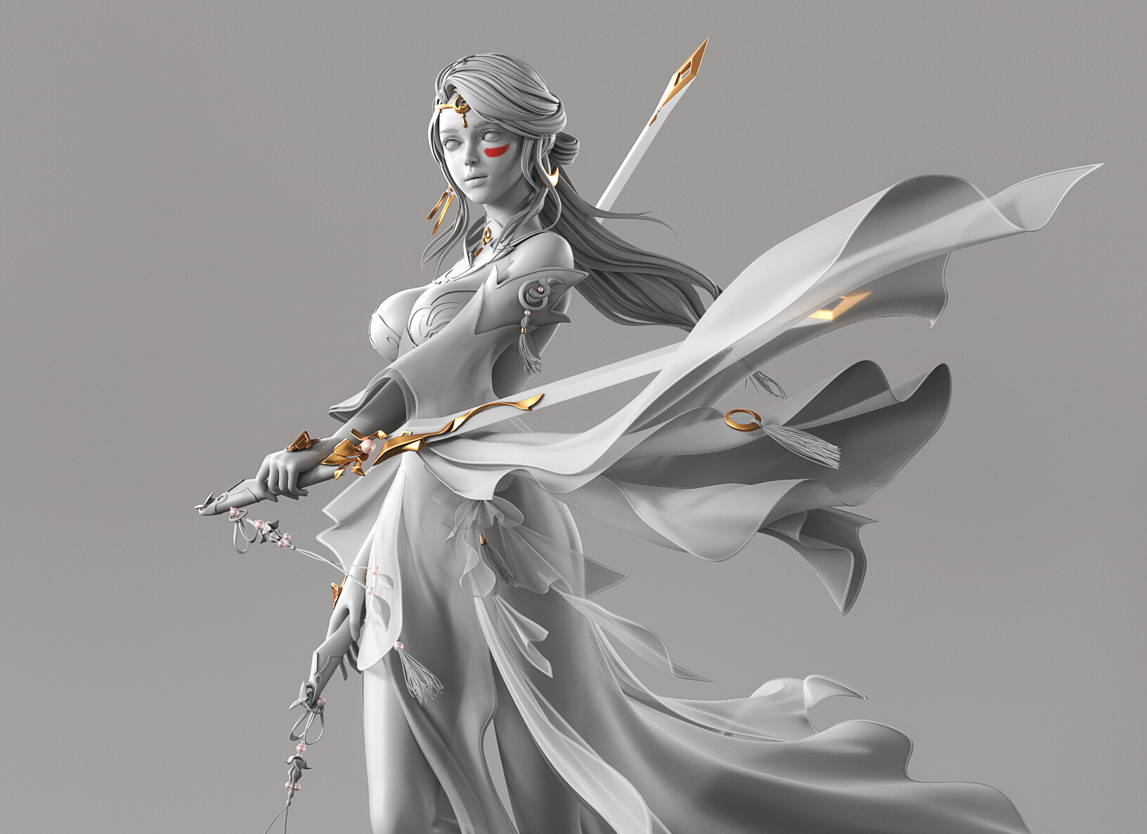 Cavan Artwork ArtStation Fantasy Art Fantasy Girl Gray Background Sword Women With Swords Long Hair  1632x1188