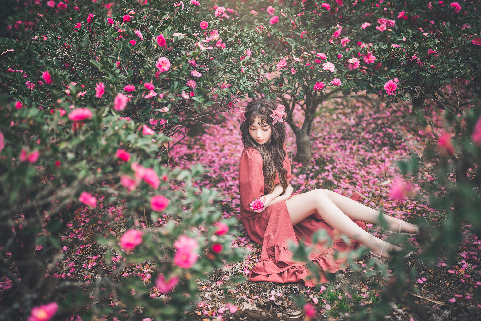Asian Women Model Women Outdoors Outdoors Sitting Red Clothing Flowers Plants 2048x1366