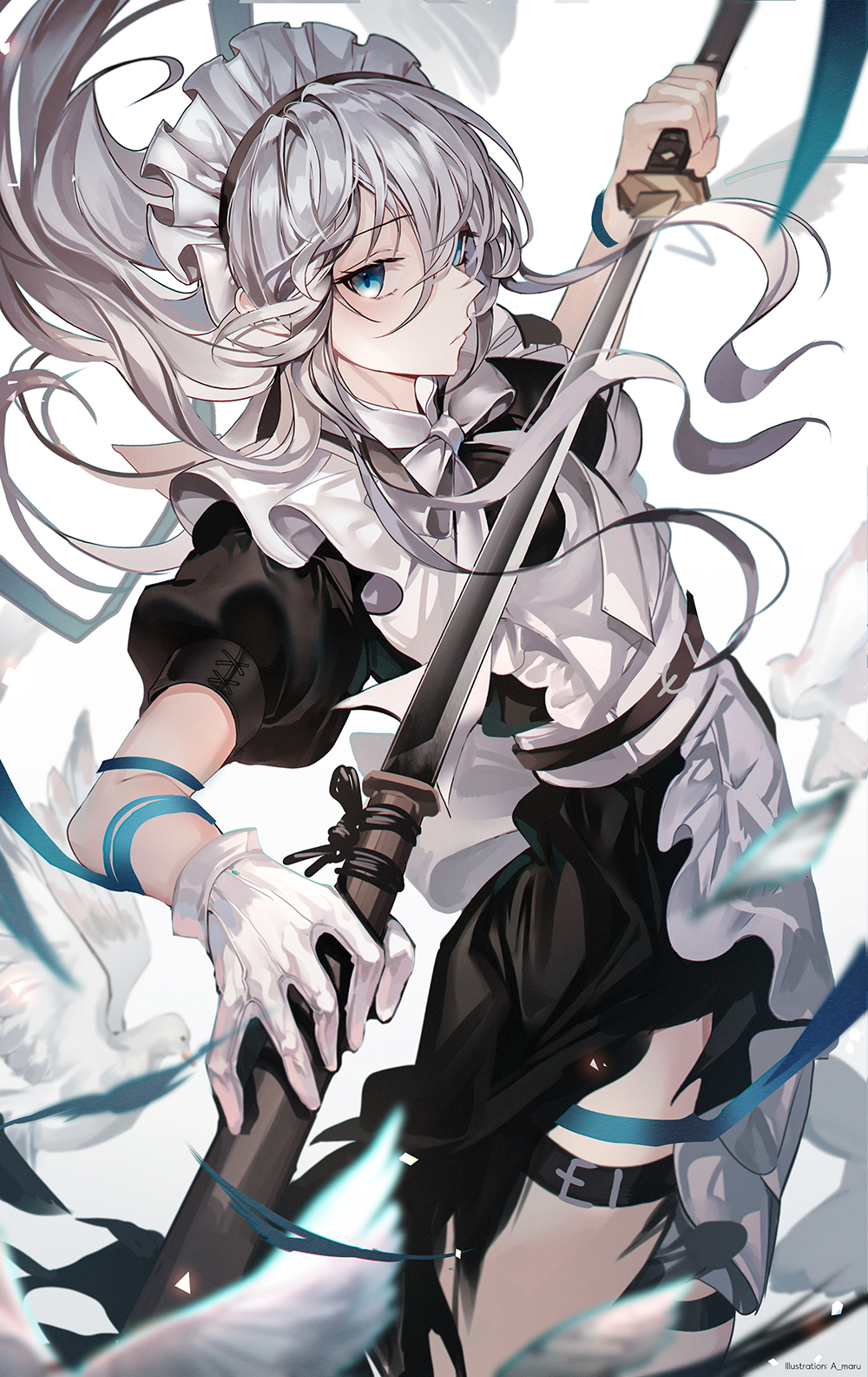 Anime Anime Girls Ekvmsp02 Artwork Silver Hair Blue Eyes Maid Outfit Sword 1000x1585