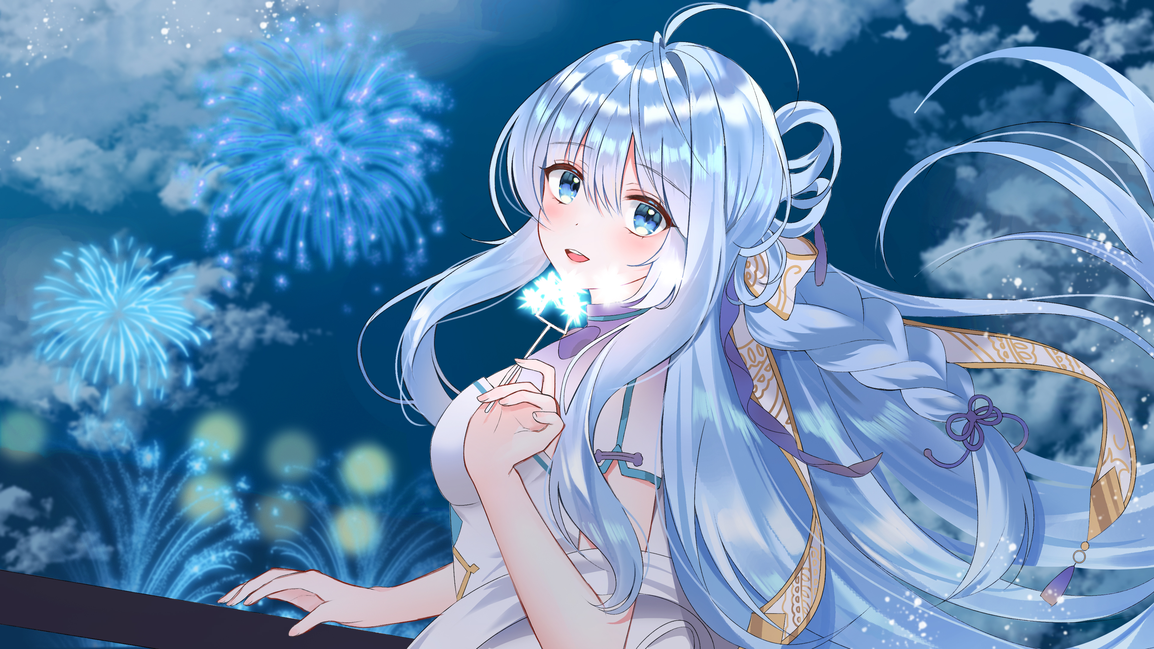 Anime Anime Girls Yagen Artwork Silver Hair Blue Eyes Long Hair Fireworks 3840x2160