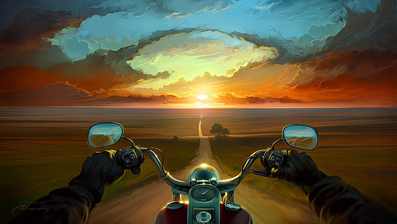 Artem Chebokha Orange And Teal Motorcycle Road Sunset 1538x869
