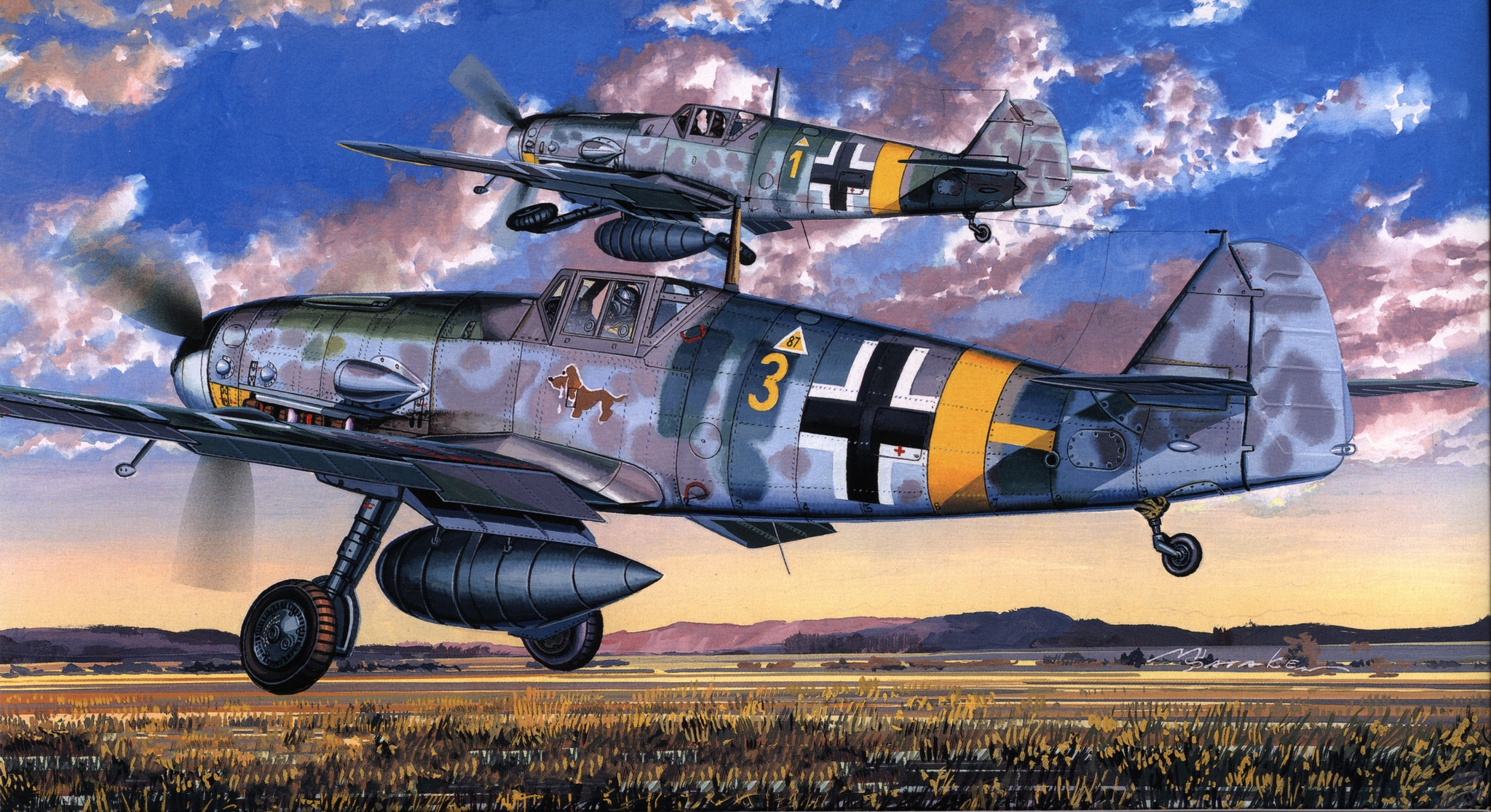 World War Ii Airplane Painting Messerschmitt Bf 109 2048x1116