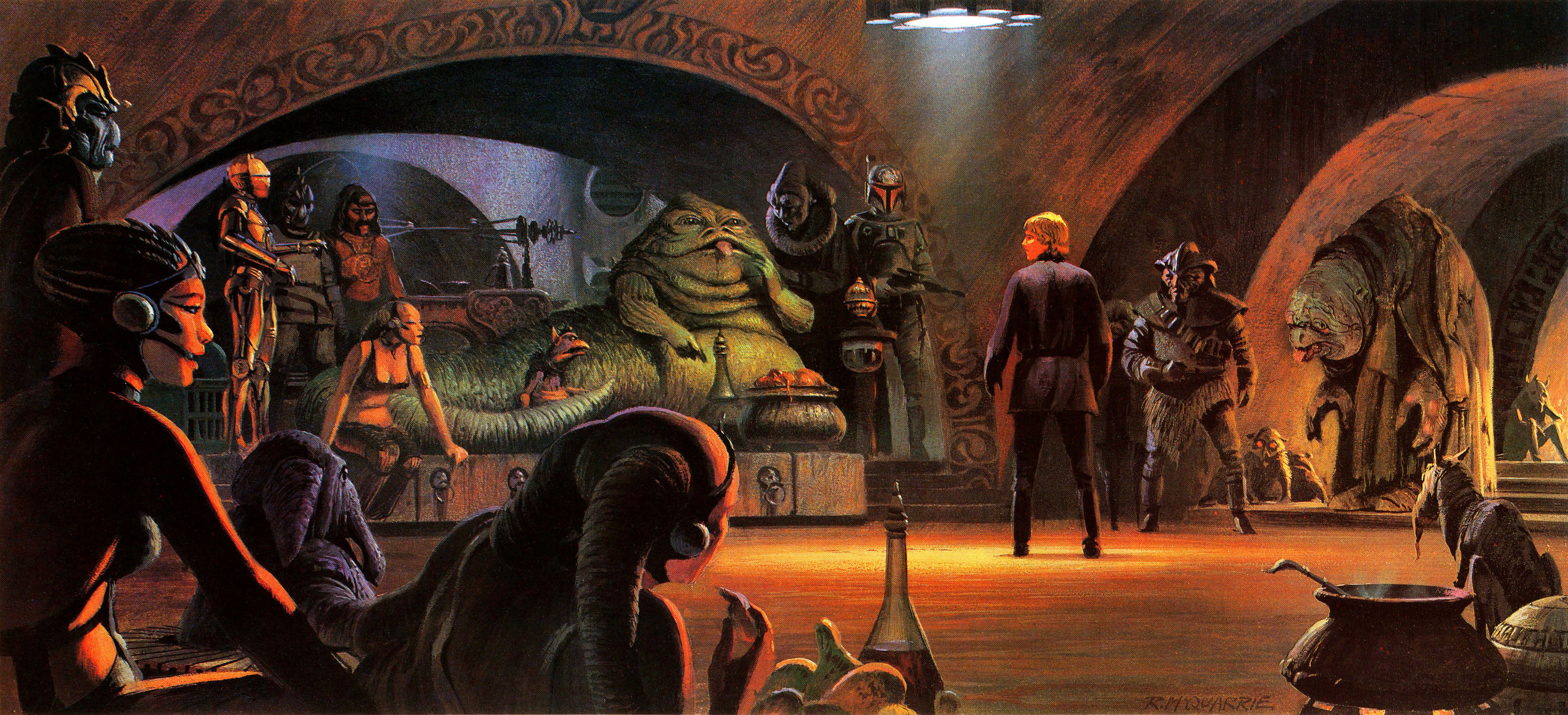 Star Wars Tatooine Luke Skywalker Jabba The Hut Boba Fett C 3PO Jabbas Palace Concept Art Ralph McQu 3840x1751
