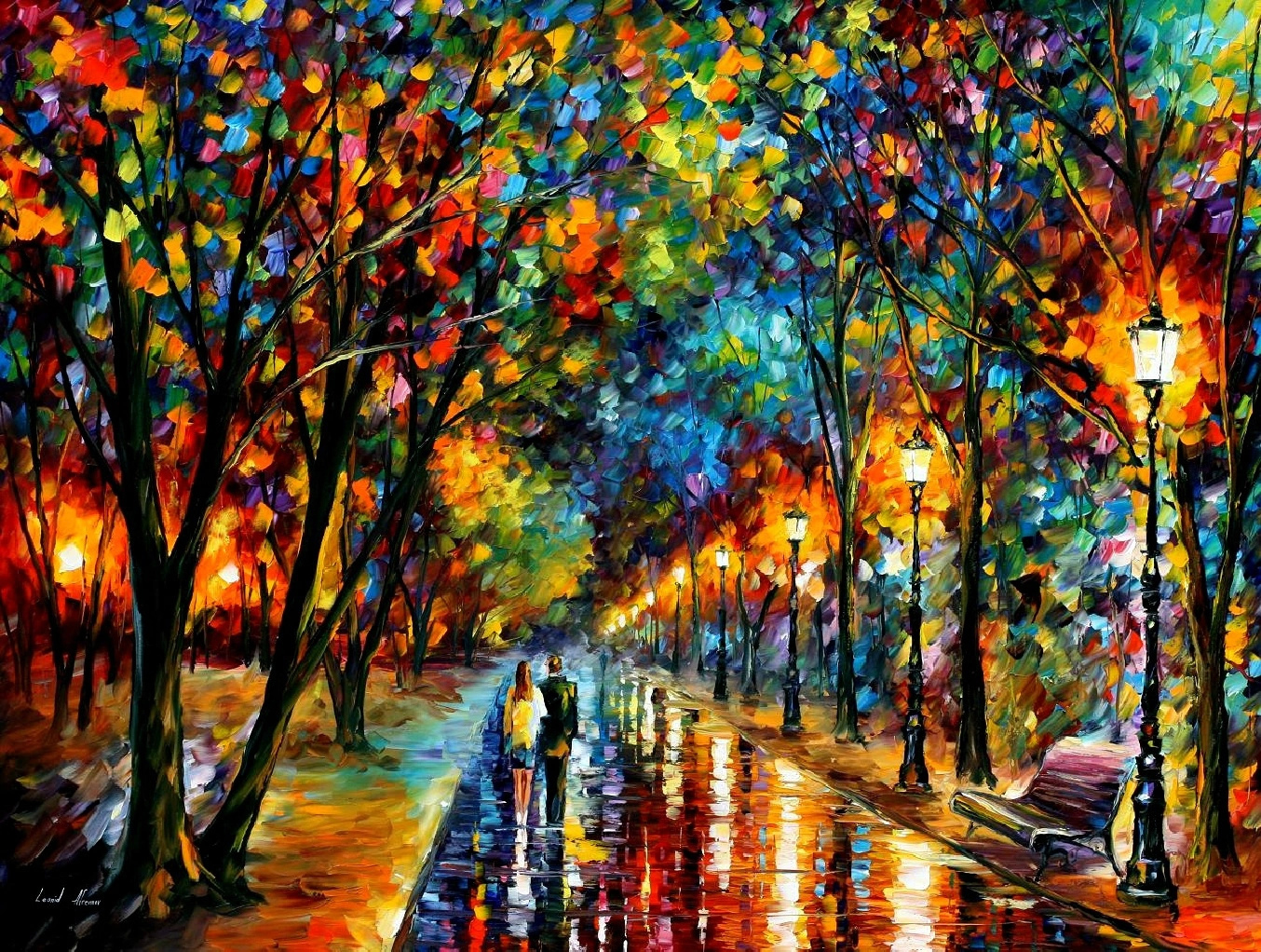 Modern Impressionism Colorful Artwork Lovers Street Street Light Park Bench Trees 1354x1022